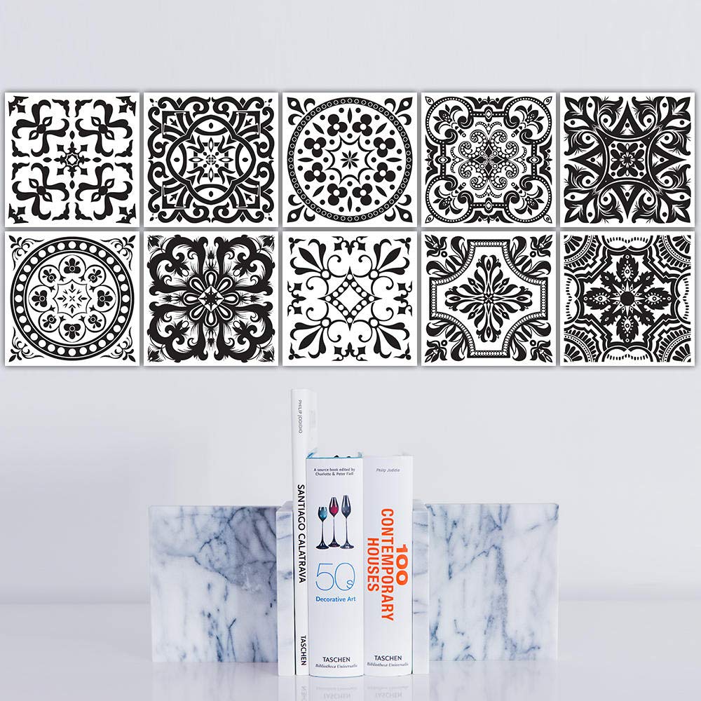 Pegatinas para azulejos de cocina, baño, 25 cm x 25 cm, azulejos blancos y negros, impermeables, autoadhesivas, cocina, baño, sala de estar, TV, decoración de fondo, 1 juego de 10 piezas