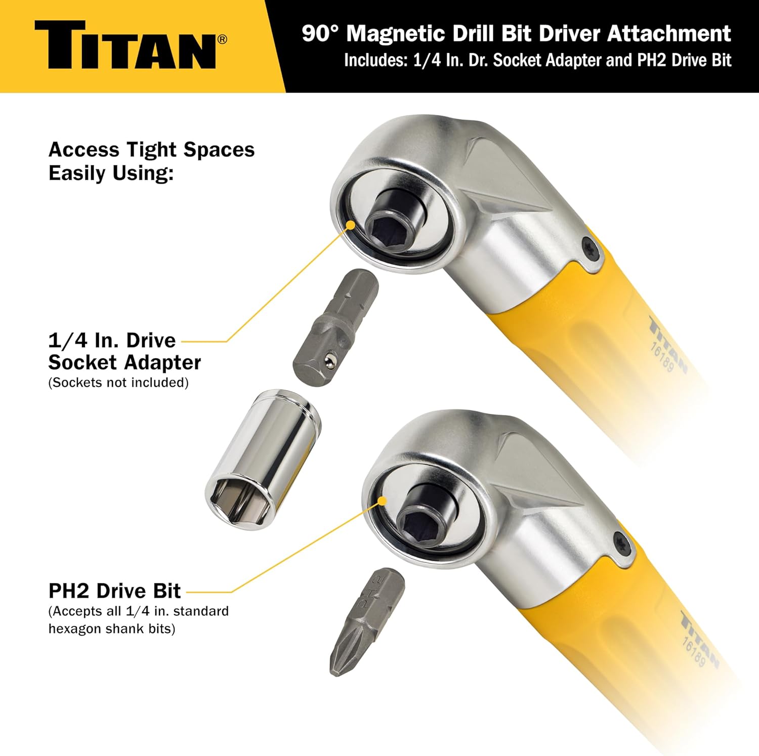 Titan 16189 90-Degree Magnetic Right Angle Drill Attachment for Impact Drivers and Drills