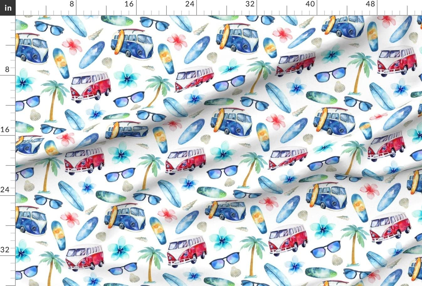 Spoonflower Fabric - Surfing Pattern Surf Beach Watercolor Hibiscus Palm Bike Adventure Printed on Minky Fabric by The Yard - Sewing Baby Blankets Quilt Backing Plush