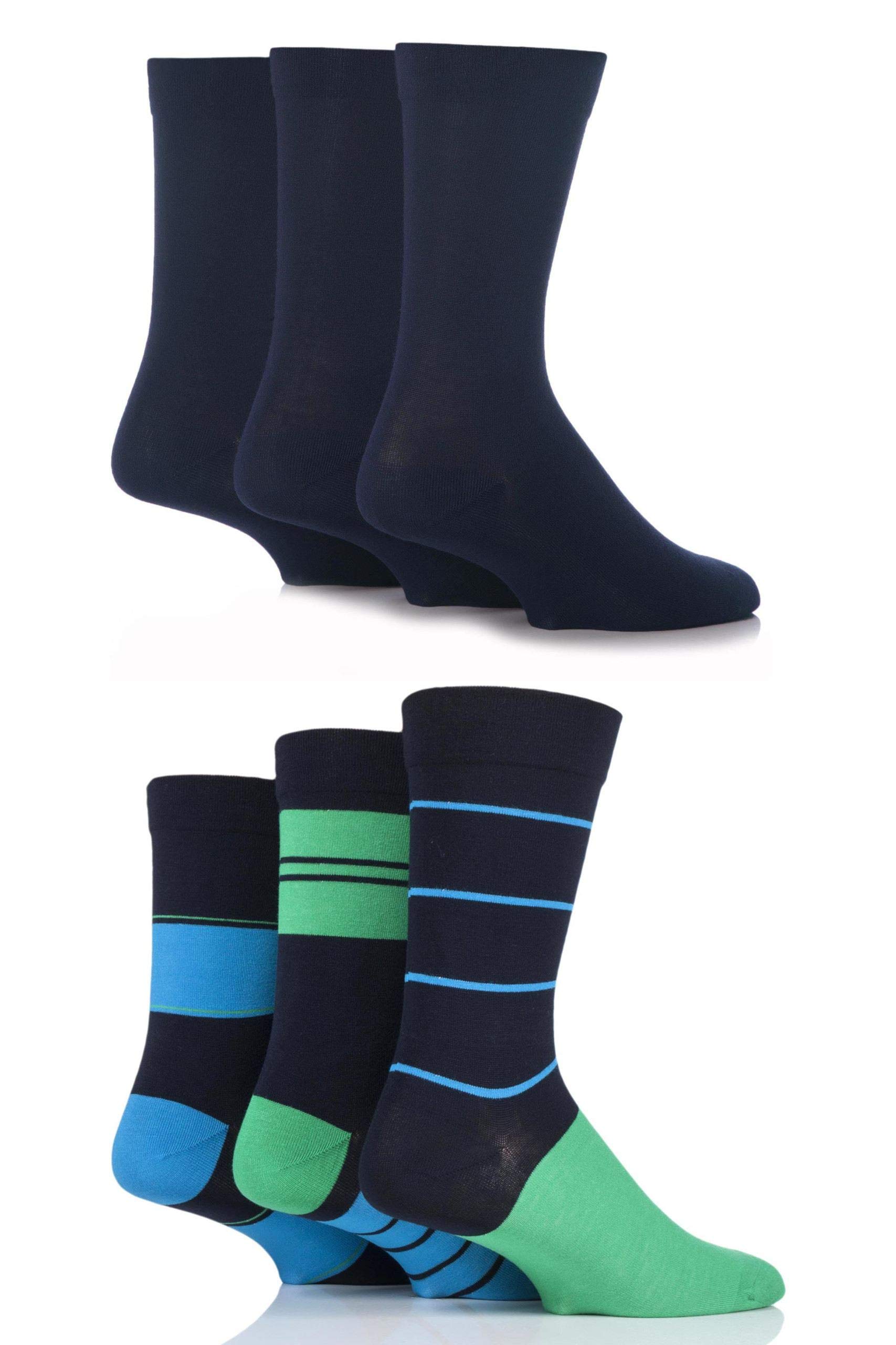 SockShop Mens 6 Pair Socks - Soft, Breathable & Cooling Bamboo Socks with a Gentle Comfort Cuff in Plains and Stripes, Bright and Colourful Multipack 7-11, Azurite Navy