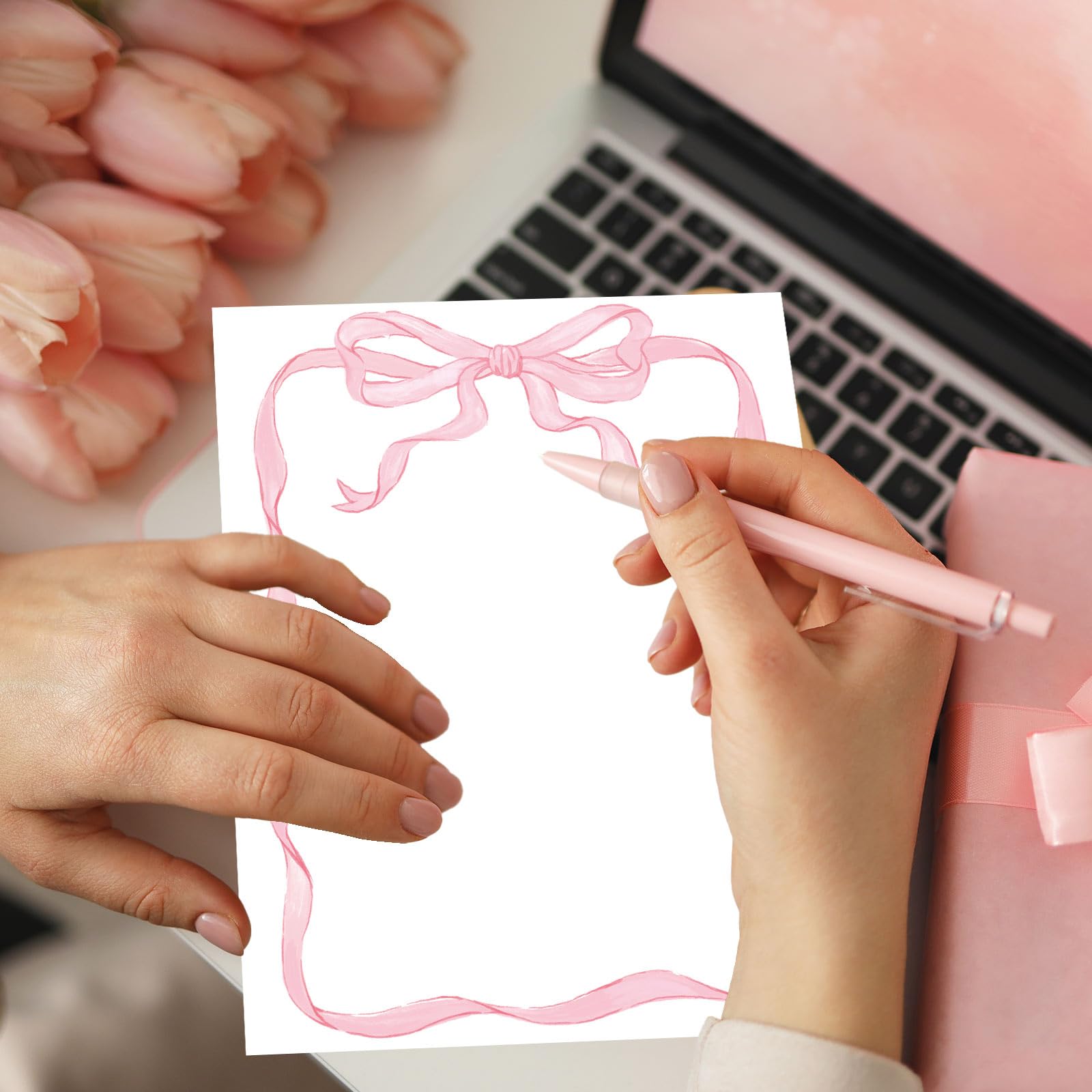 JarThenaAMCS 60 hojas de papel de papelería con borde de lazo, bonito lazo rosa, papel de escritura para invitaciones de fiesta, oficina, escuela, impresión, 21,5 x 28 cm, una sola cara