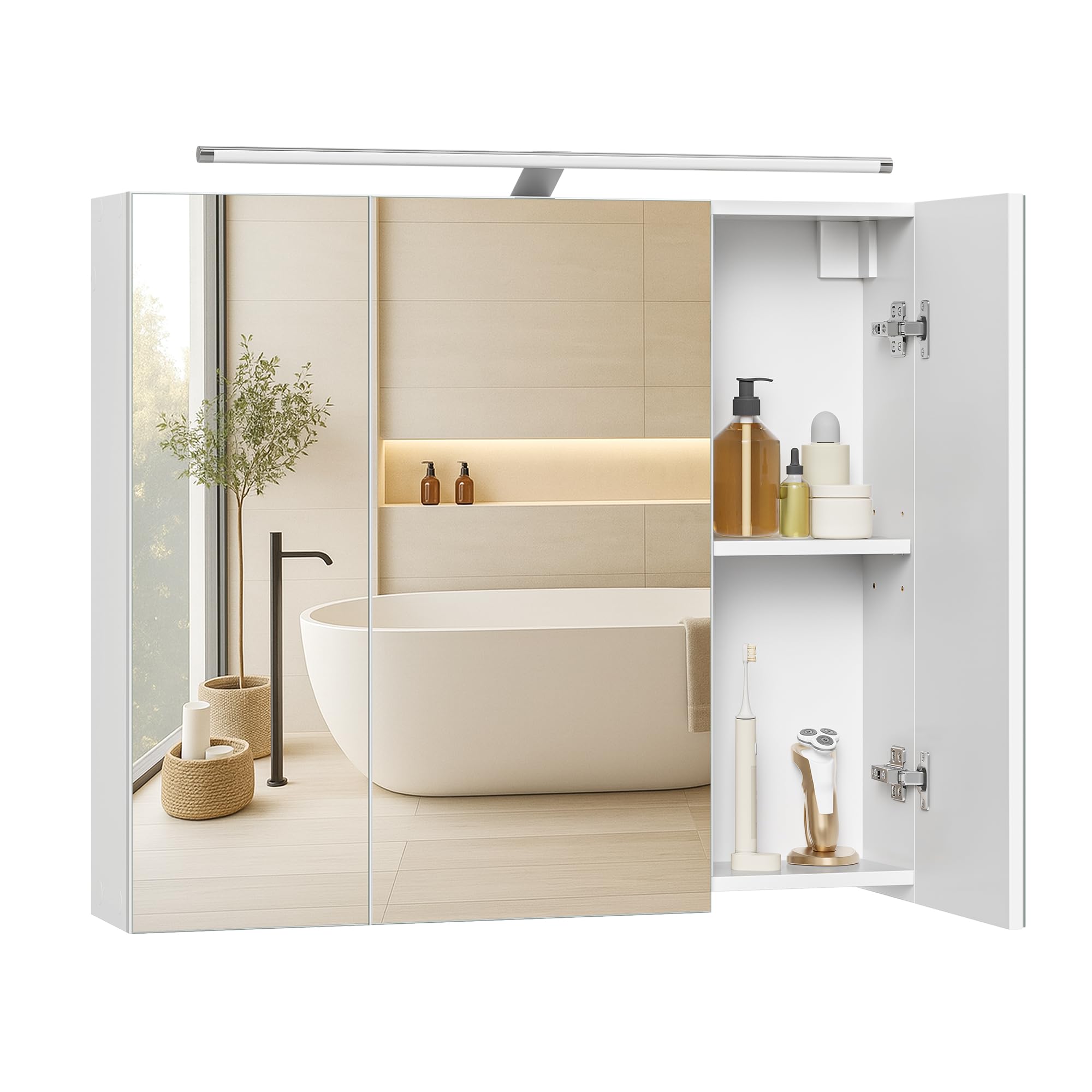 VASAGLE KAILYN Collezione - Armadietto da Bagno Sospeso con 3 Ante a Specchio e Illuminazione, Ripiani Regolabili, Stile Moderno, 15 x 70 x 60 cm, Bianco Nuvola BBK139WB01