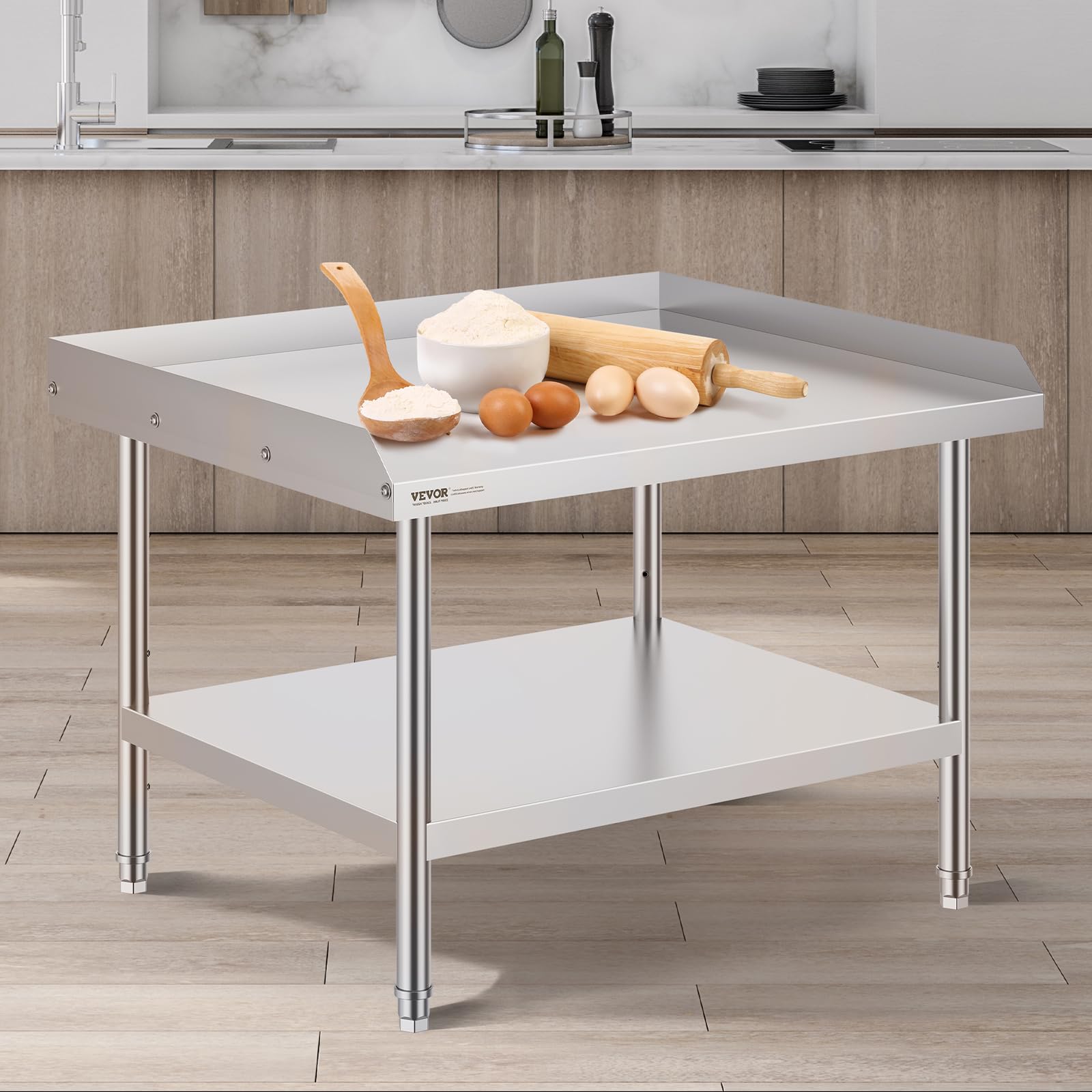 VEVOR Tavolo da Lavoro in Acciaio Inossidabile 762 x 914 x 660 mm Tavolo da Lavoro Commerciale per Preparazione degli Alimenti con Alzatina su 3 Lati, con Altezza Regolabile per Casa Ristorante Hotel