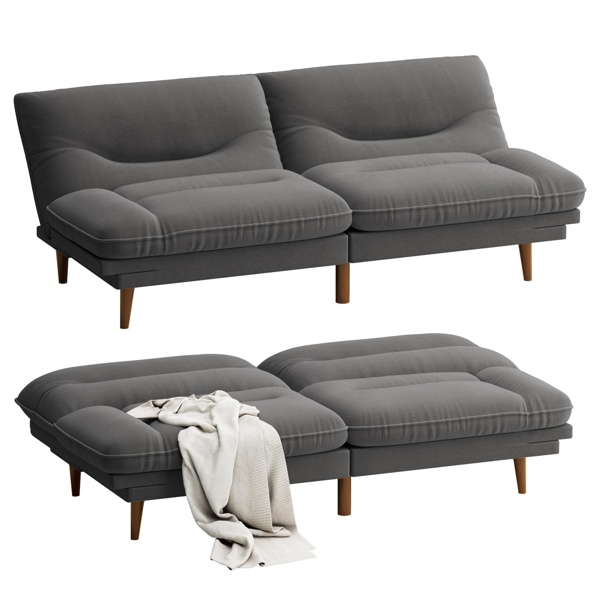 Homall 65'' Futon Sofa Bed, Modern Convertible Loveseat Futon Couch | Sleeper Sofa with Adjustable Backrest & Armrests, Wood Frame Recliner Lounge for Living Room, Apartment | Linen, French Grey