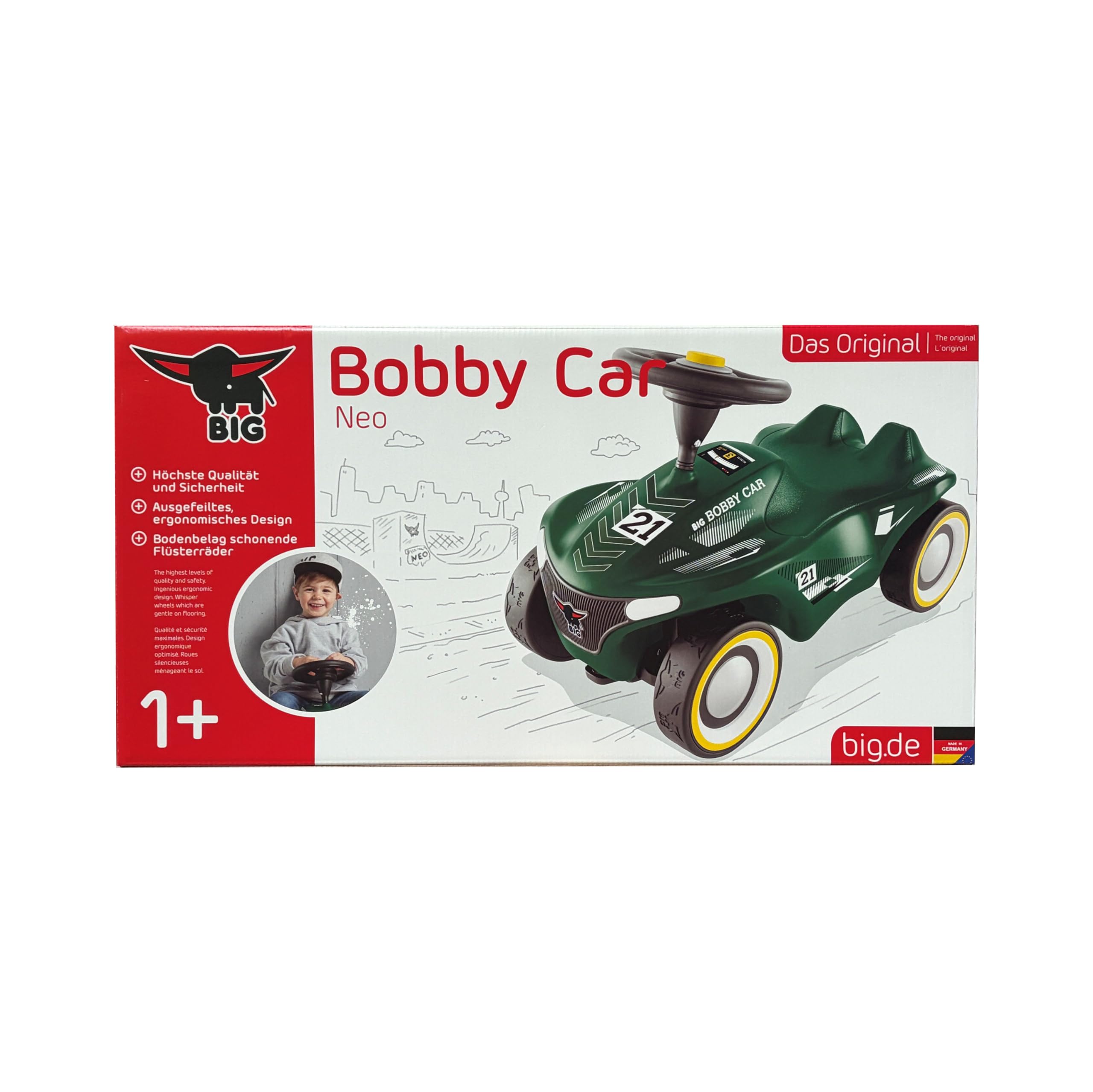 Big Bobby Car Neo RS grün - Rennwagen Rutschauto Kinderfahrzeug mit Flüsterreifen für leise Fahrgeräusche und Guten Grip, ergonomischer Sitz mit Kniemulde, Kleiner Wendekreis, ab 12 Monaten