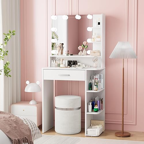 Makeup Vanity Desk with Mirror and Lights, 26.4”Small Vanity Mirror with Lights with Large Drawer and 6 Level Storage, White Vanity with Large Led Mirror with 3 Color Lighting Modes (White)