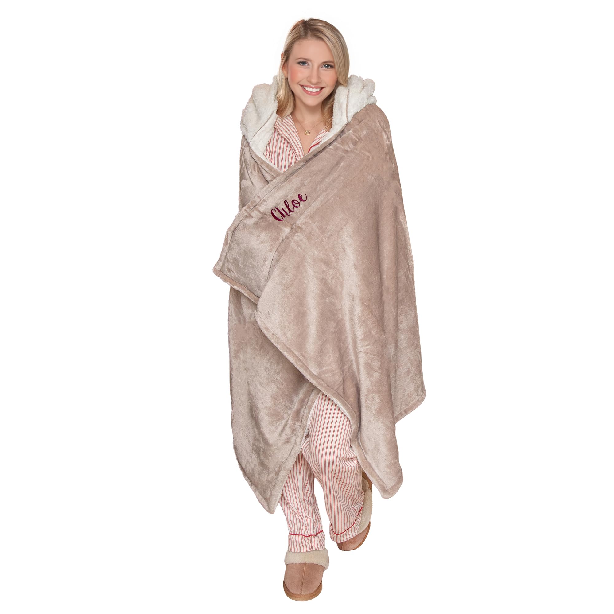 Aztex Unisex Taupe Personalised Hooded Sherpa Blanket, Blanket With Hood, 90Cm X 185Cm
