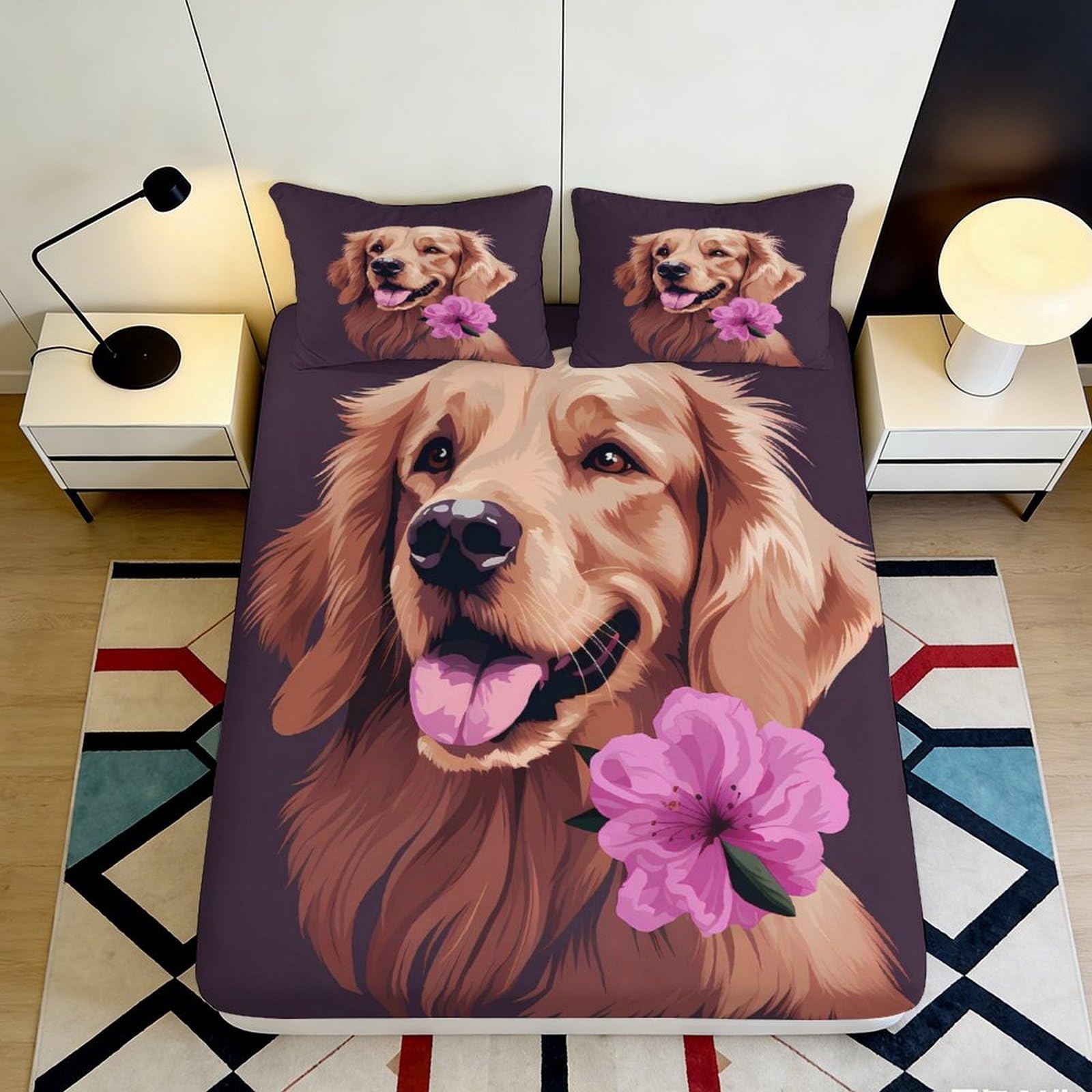 Uynsixtme Style-5 3D Printed Golden Retriever Fitted Sheet Microfiber Deep Pocket Bedroom Bedding Set Pet Theme Mattress Fitted Cover Non-Slip For Adults Teens 200X200x25cm