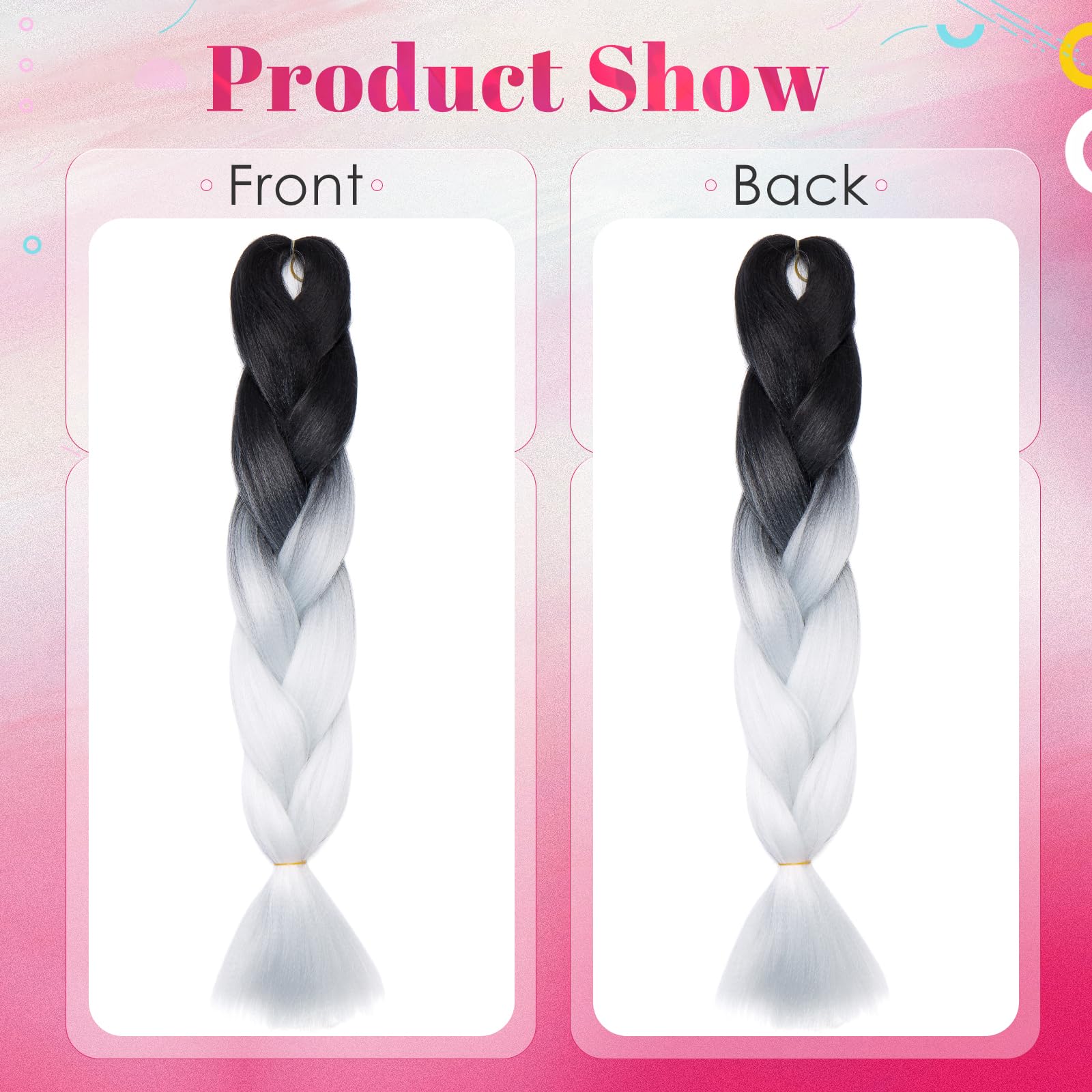 Benehair Braid Extensions 24 Inches Ombre Jumbo Braiding Hair Colorful Synthetic Hair Extensions for Braiding Black/White Gray Hair Extensions for Women(Black/White Gray - Image 3
