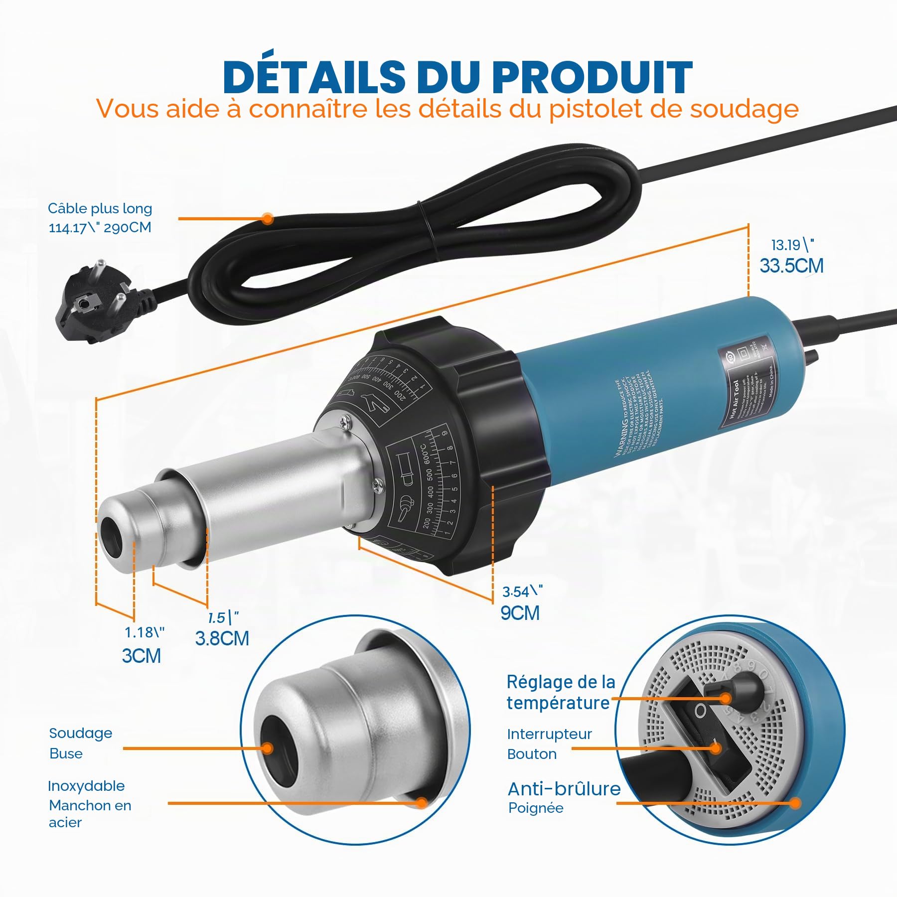 Sèche-air chaud 1600 W 220 V avec mallette en plastique et 2 accessoires, pistolet à air chaud, 40 ℃ à 650 ℃ réglable pour vinyle, PE PVC, avec tige en plastique, rouleau, buse