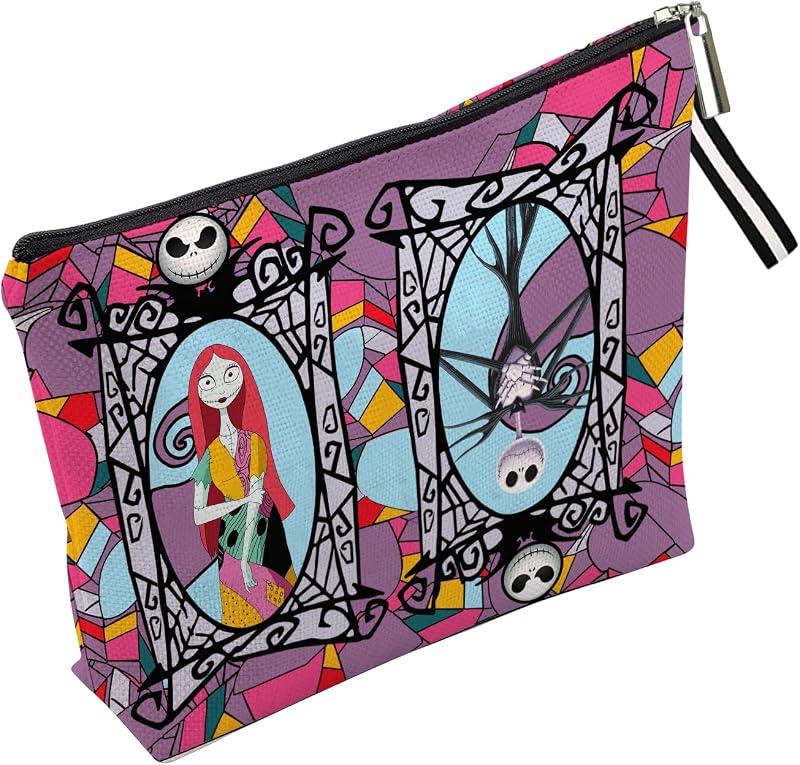 Necessaire de maquiagem WLWLGLUCK com estampa de Jack Skellington e Sally, algodão misto, fechamento por zíper, 24,89 x 17,78 x 5,08 cm