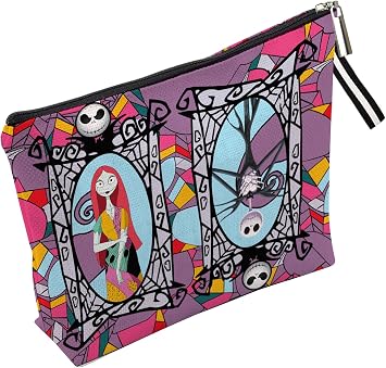 Portable Jack & Sally Themed Makeup Bag, Before Xmas Nightmare Cosmetic Bag, Jack Skellington & Sally Portable Travel Cosmetic Organizer- Cotton & Linen, Water-Resistant, 9.8x7 Inches