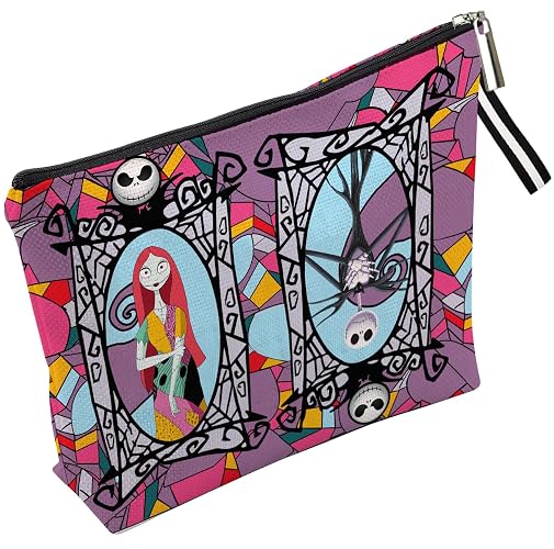 WLWLGLUCK Portable Jack & Sally Themed Makeup Bag, Before Xmas Nightmare Cosmetic Bag, Jack Skellington & Sally Portable Travel Cosmetic Organizer- Cotton & Linen, Water-Resistant, 9.8x7 Inches - PUR