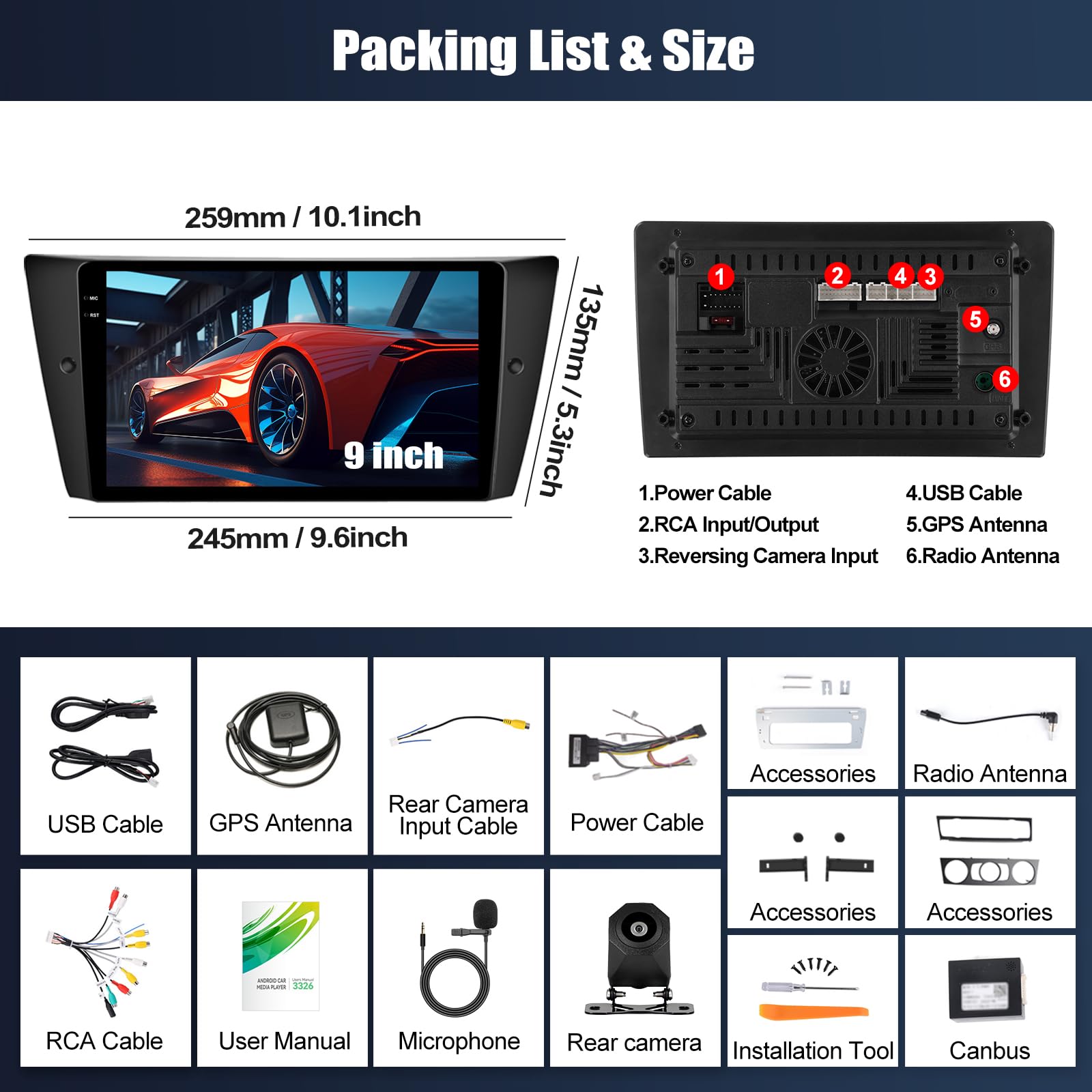 CAMECHO Radio samochodowe 4 + 128 G 9 cali z systemem Android 13 do BMW E90 E92 E93 2005-2012 z kamerą cofania, nawigacją radiową Bluetooth z bezprzewodowym Carplay, Android Auto GPS, WiFi FM/RDS