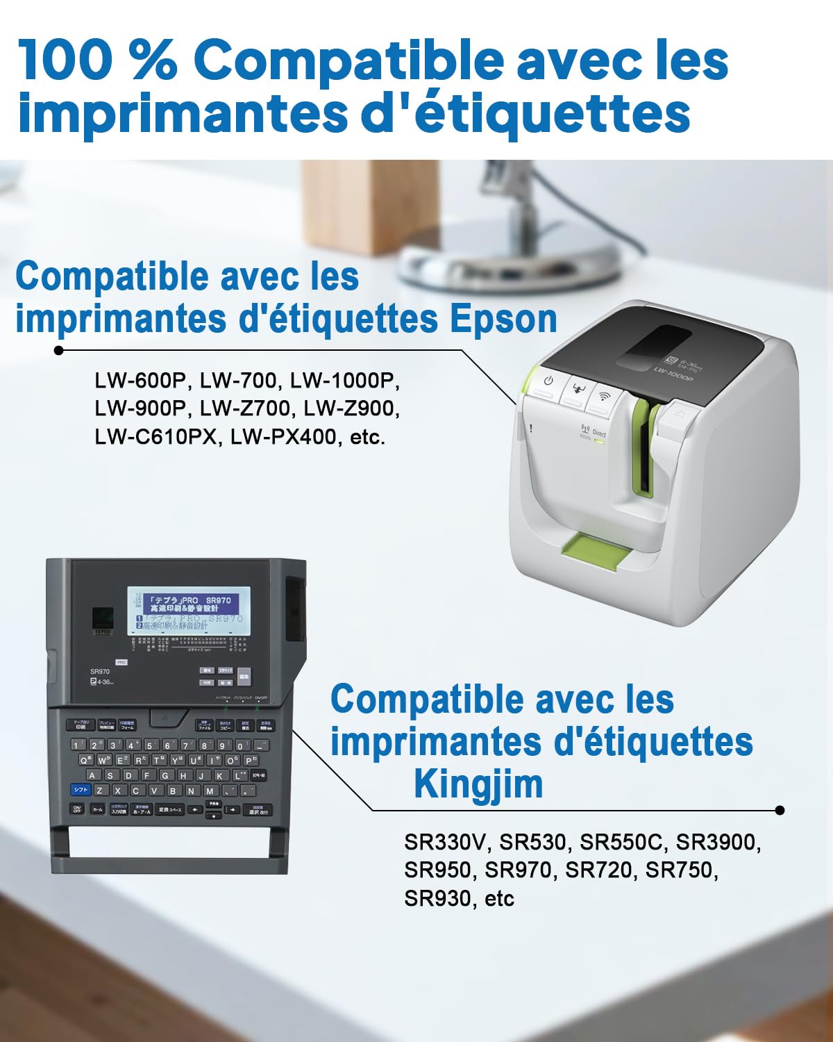 Cruxer 10 Paquet de Remplacement pour SS24KW LC-6WBN AS24KW 24 mm x 8 m ruban d'étiquettes Laminé Noir sur Blanc Compatible avec l'étiqueteuse Epson LW-600P LW-700 LW-900P LW-1000P