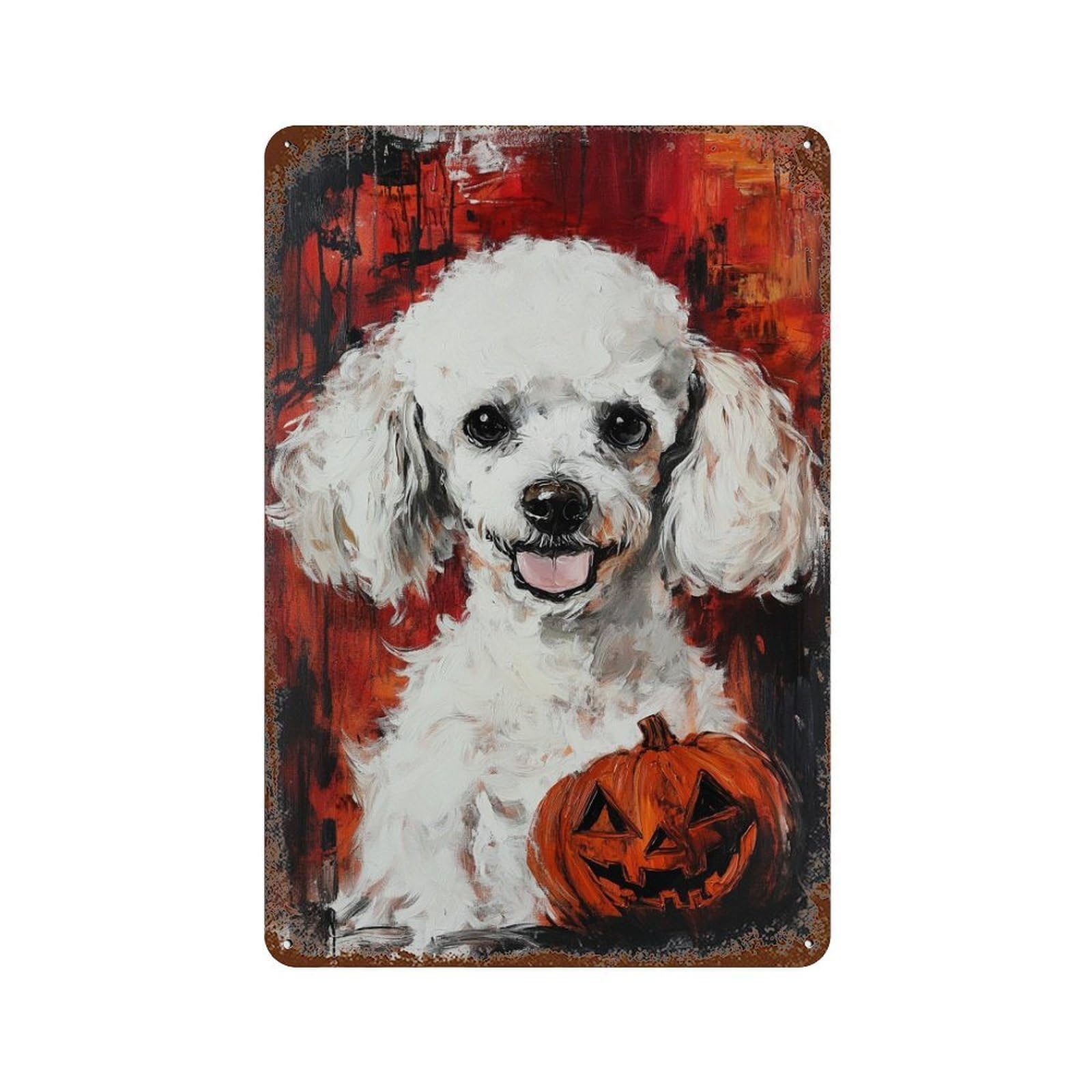 Halloween Poodle Art Print 11.8"x7.9" Aged Metal Wall Plaque, Vintage Wall Decor for Bistro, Counter And Cafe Decor