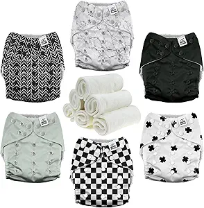 Mama Koala 3.0 Pocket Cloth Diapers for Babies with AWJ Lining, 6 Pack with 6 4-Layer Natural Cloth Diaper Inserts - Reusable and Washable Pocket Diapers (Black and White)