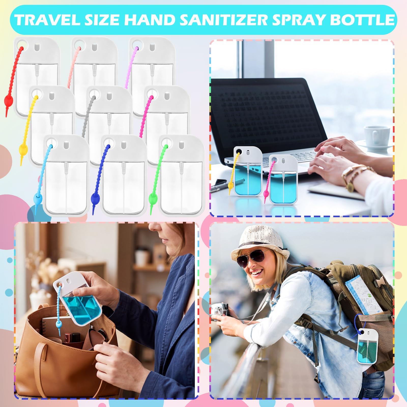 Rtteri Leere Händedesinfektionsmittel-Sprühflasche, Reisegröße, Mini-Händedesinfektionsmittel, Gummi-Umhängeband, tragbar, nachfüllbar, Parfümflasche, Trichter, Tropfer für Geldbörse, Rucksack