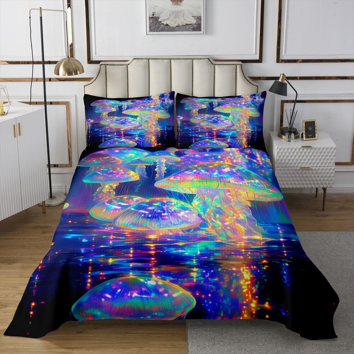 Homewish Retro Purple Grid Quilt Sets Twin Size,Starfish Shell Bedspread Coverlet 2Pcs for Kids Girls Boys Room Decor,Seaweed Coral Quilts Set Fantasy Underwater World Bedding Comforter,1 Pillowcase