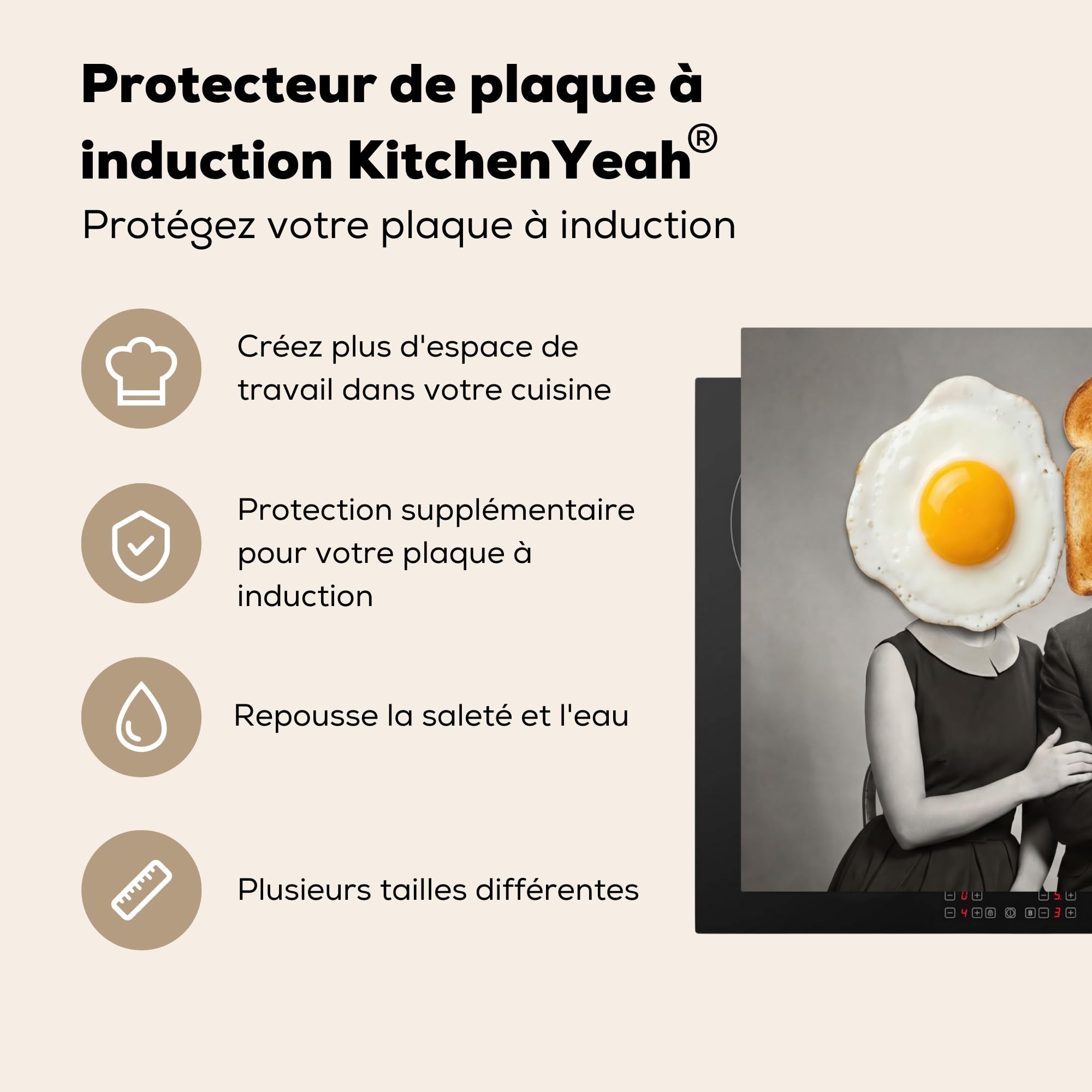 KitchenYeah© Protege Couvre Plaque De Cuisson Décoration Cuisine Tapis Protection Protecteur Induction 59x52 cm Petit-déjeuner - Couple - Œuf - Pain