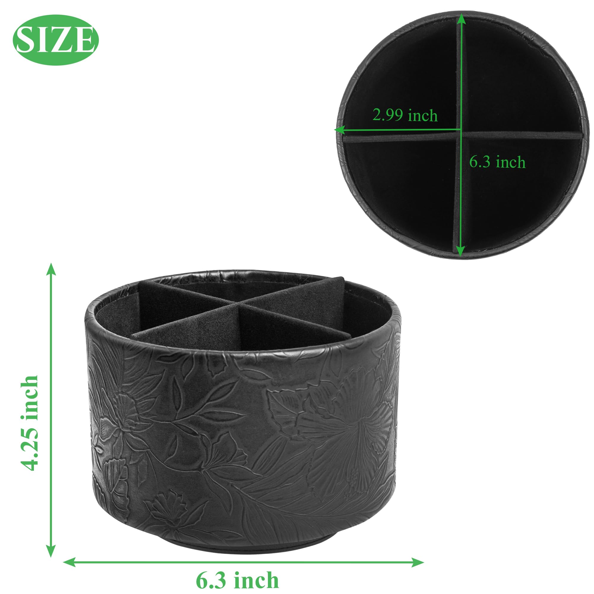 Czzmy Round Leather Art Supply Organizer,Remote Control Holder,360 Degree Spinning,Multi-Functional Pencil Holder,4 Compartments Desktop Stationary Organizer(1-Carved Black) - Image 2