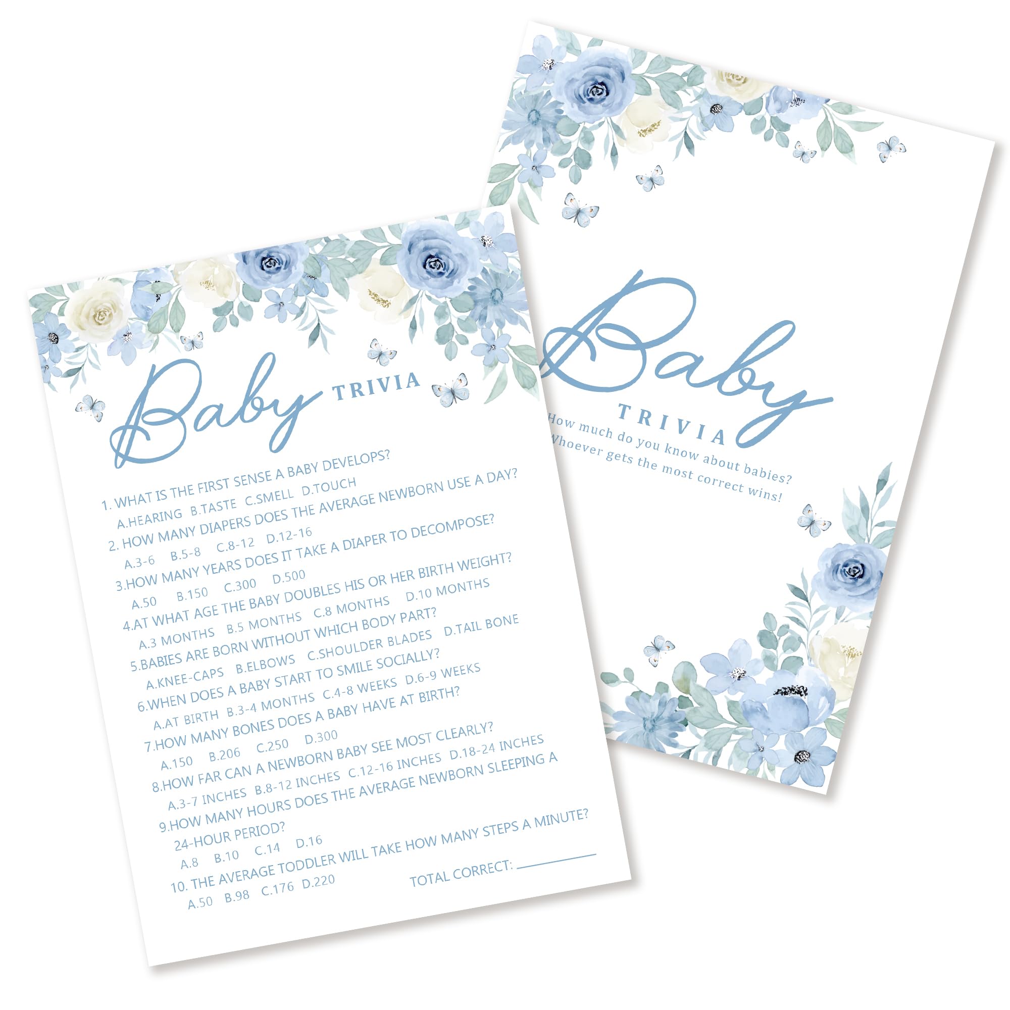 Kaderas Trivia Baby Shower Game Cards for 25 Guests, Baby in Bloom Blue Floral Design