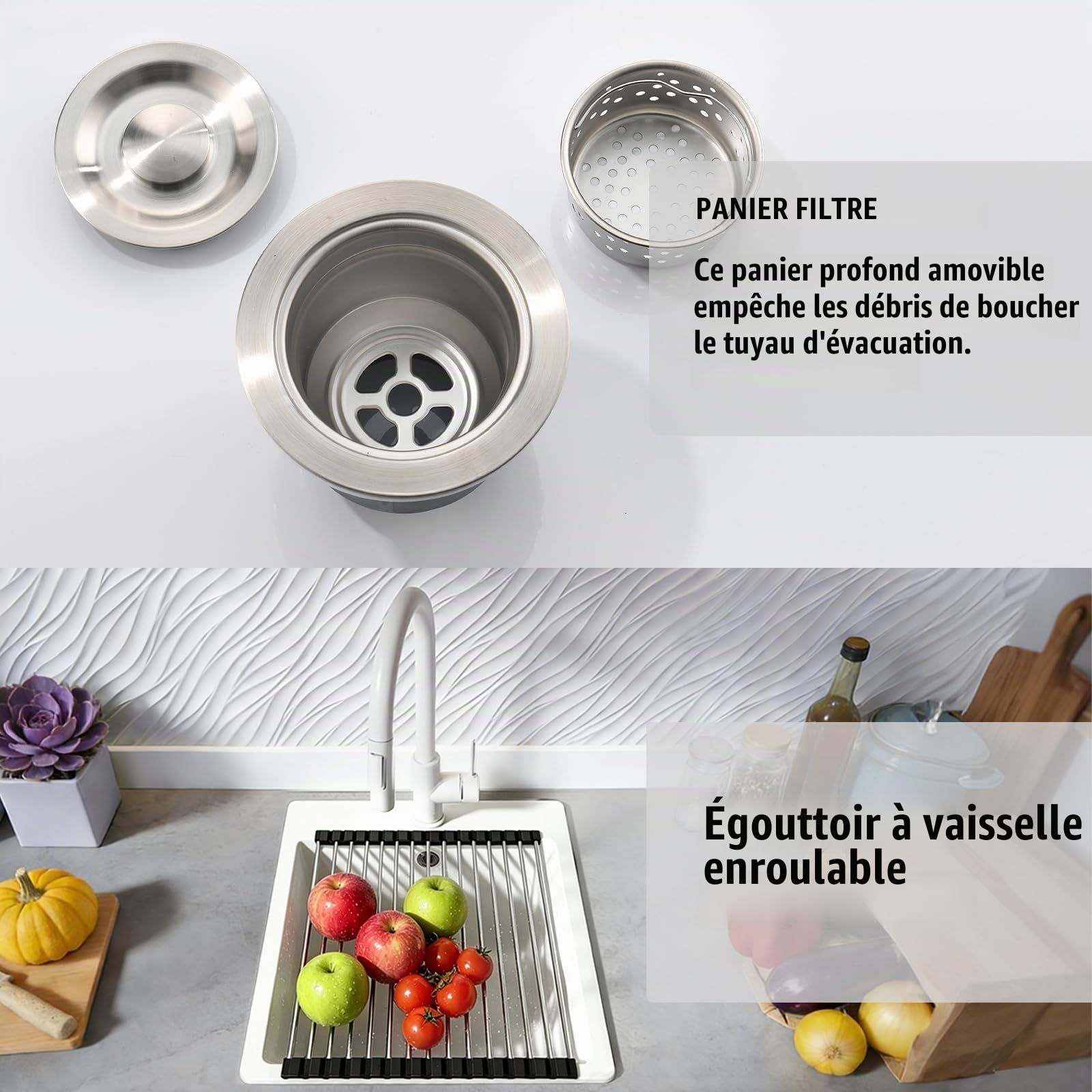 Evier Cuisine en Granit Blanc 38x50cm, Lavabo 1 bac, Évier à Encastrer Mueble 40cm, avec Bonde et Kit de Trop-Plein, Grille Enroulable et Siphon