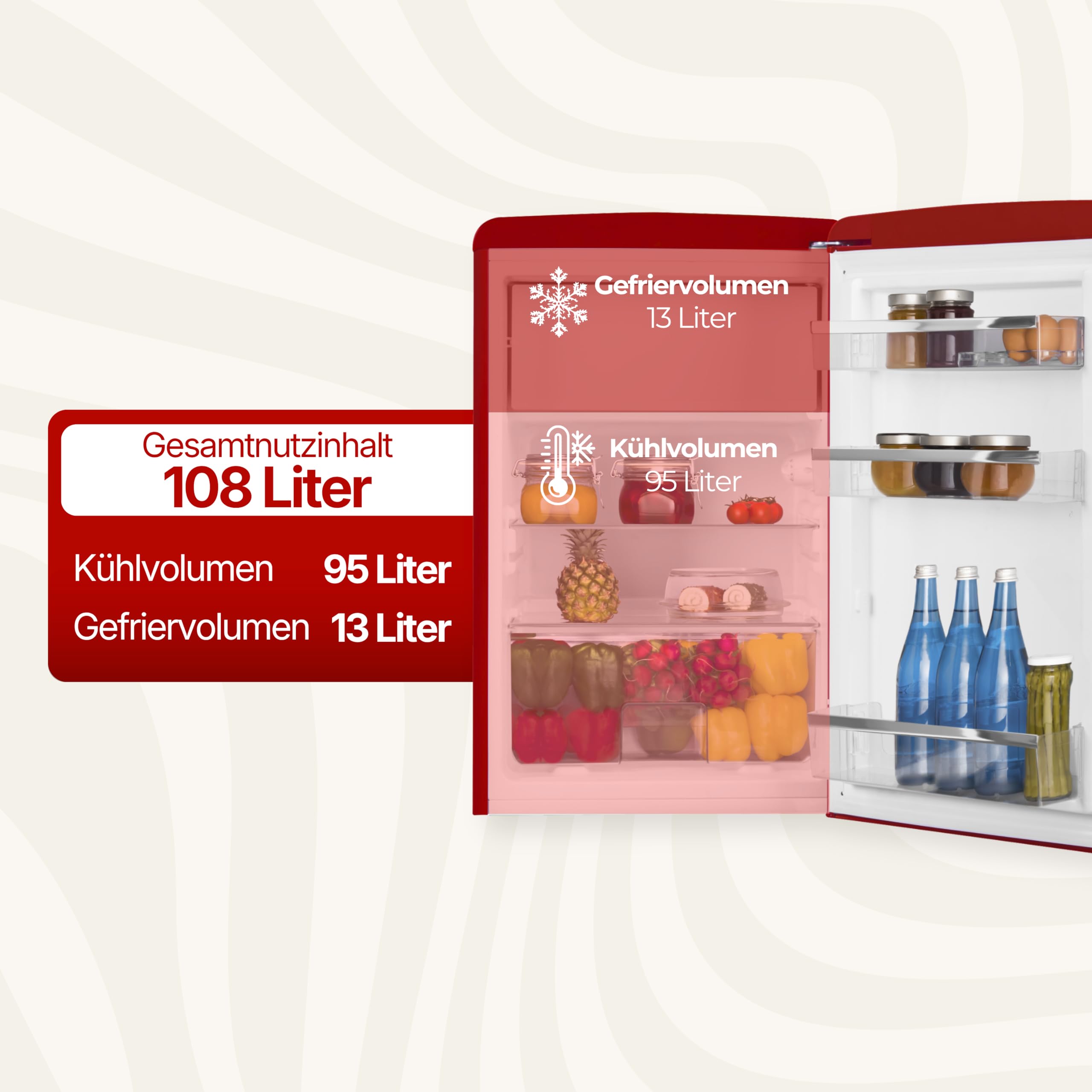 Amica KS 15610 R Retro Kühlschrank mit Gefrierfach / Chili Red (Rot) / 88cm (H) x 55cm (B) x 62cm (T) / Retro-Design