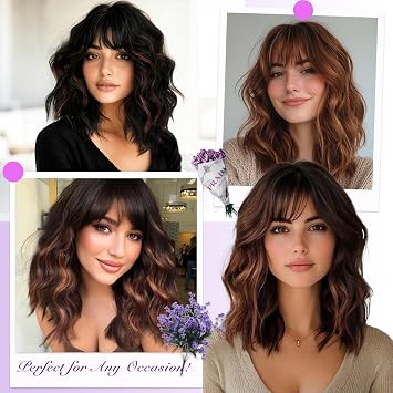 Short Wavy Wig with Bangs for Women Bob Wave Wigs for Black Women 18Inch Fashion Style Synthetic Heat Resistant for Daily Party Uses (Brown with Caramel Highlights)