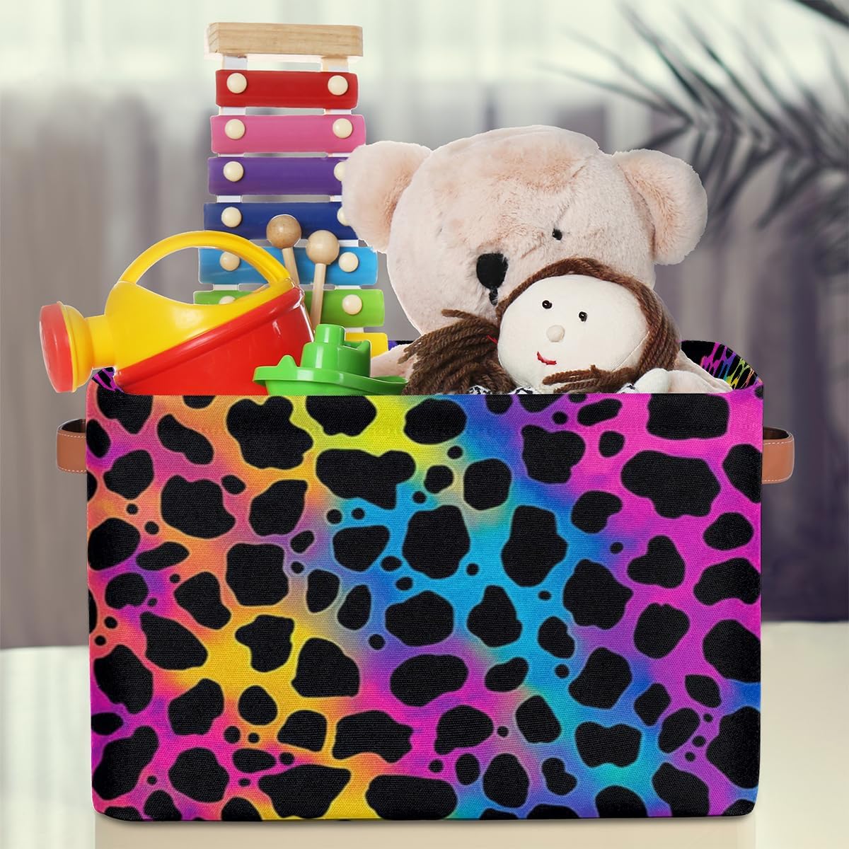 Animal Leopard Print Skin Storage Basket Collapsible Cloth Storage Cube Basket Bins Organizer with Handles Rectangular Large Toys Shelf Closet for Nursery Bedroom Home Office