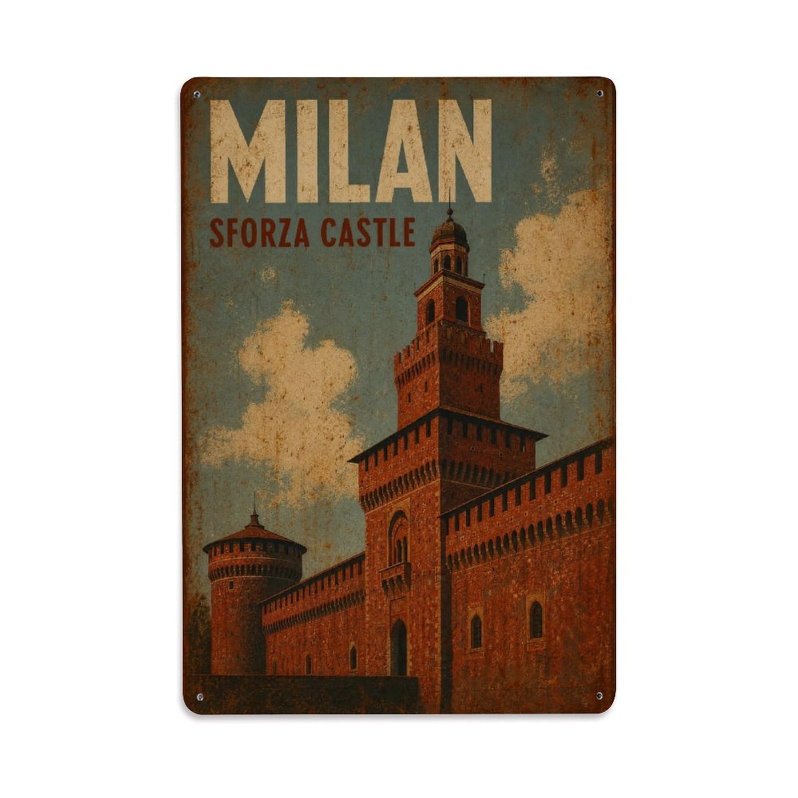 Huiyhb 8X12inch(20X30cm) Vintage Travel Milan Sforza Castle Red Fortress Italy Metal Tin Sign