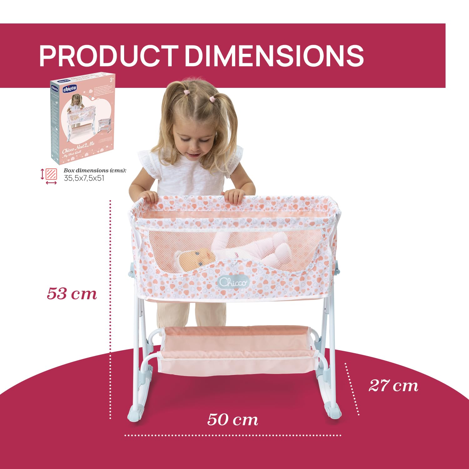 Chicco Berceau Next to Me pour poupées, pour enfants à partir de 3 ans,berceau jouet, réglable en hauteur,avec structure en métal et détails réalistes,facile à assembler, avec mode balancement ou fixe