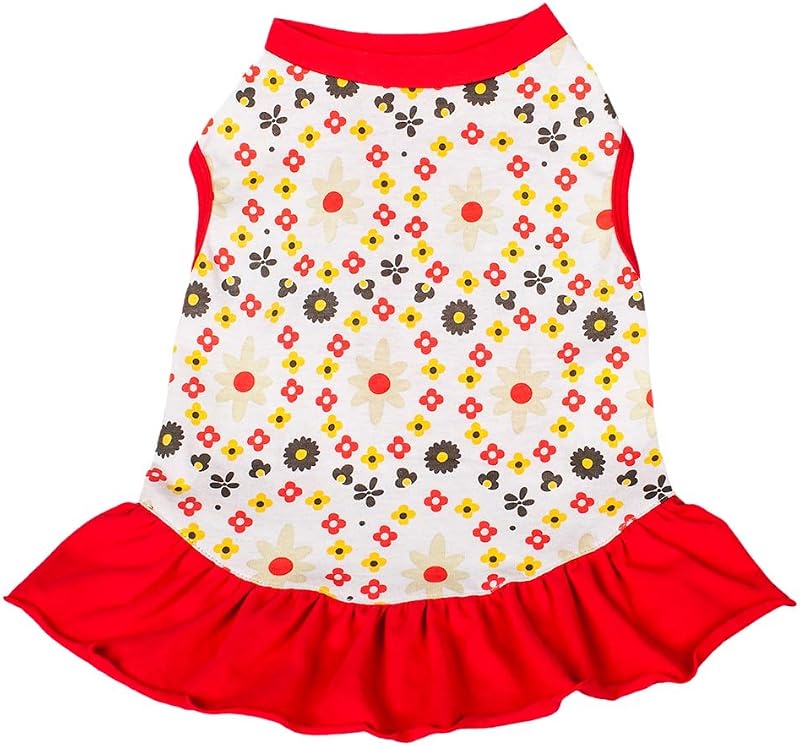 Blueberry Pet Red & Sunshine Yellow Floral Cotton Dog Dress, Back Length 12", Pack of 1 Clothes for Dogs