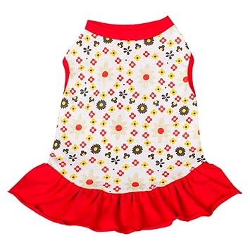 Blueberry Pet Red & Sunshine Yellow Floral Cotton Dog Dress, Back Length 14