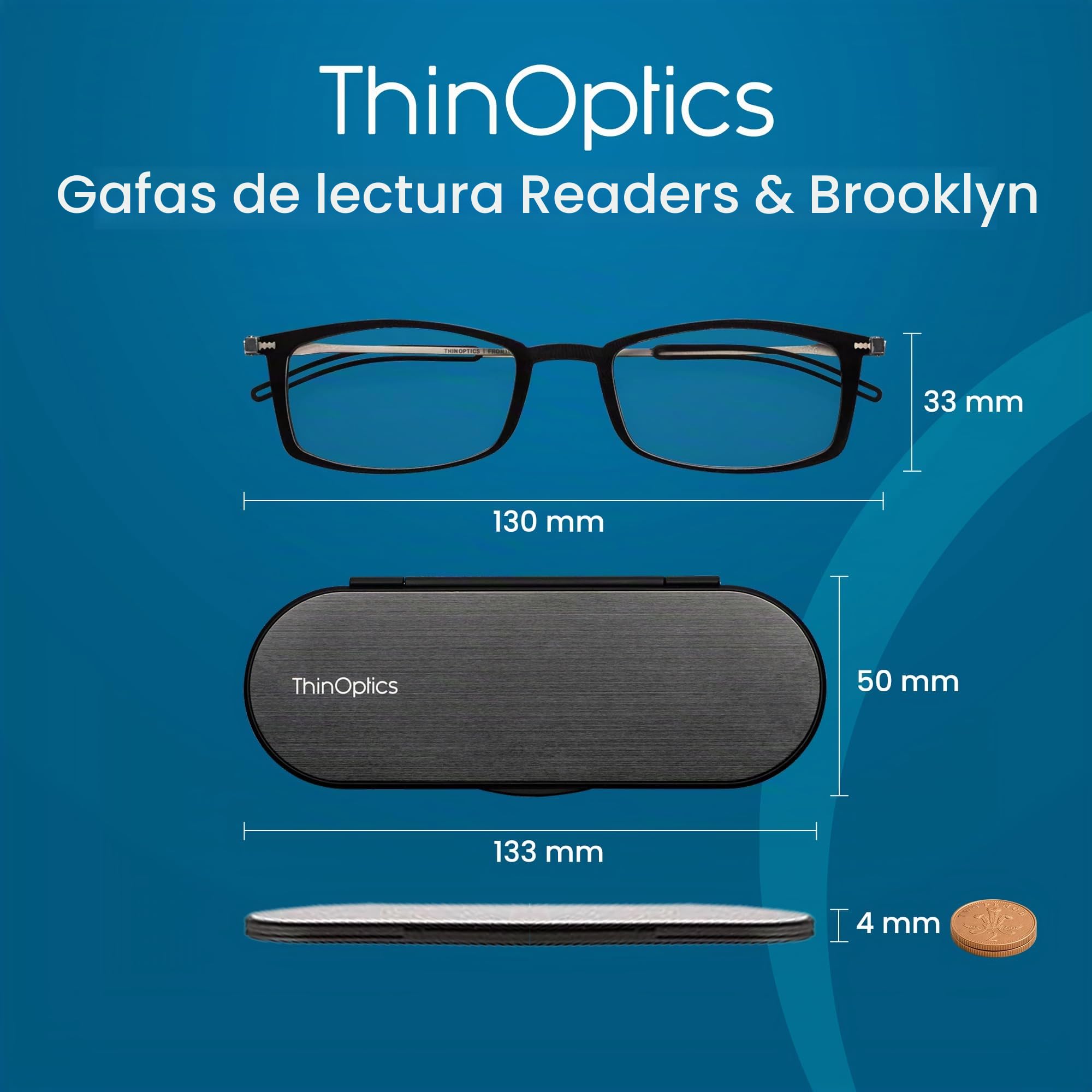 ThinOptics Gafas de Lectura Brooklyn, Rectangular, Funda Milano, Plegables | Gafas de lectura plegables y compactas para hombre y mujer, siempre a mano, tecnología Flex-Fit, para llevar en el bolsillo