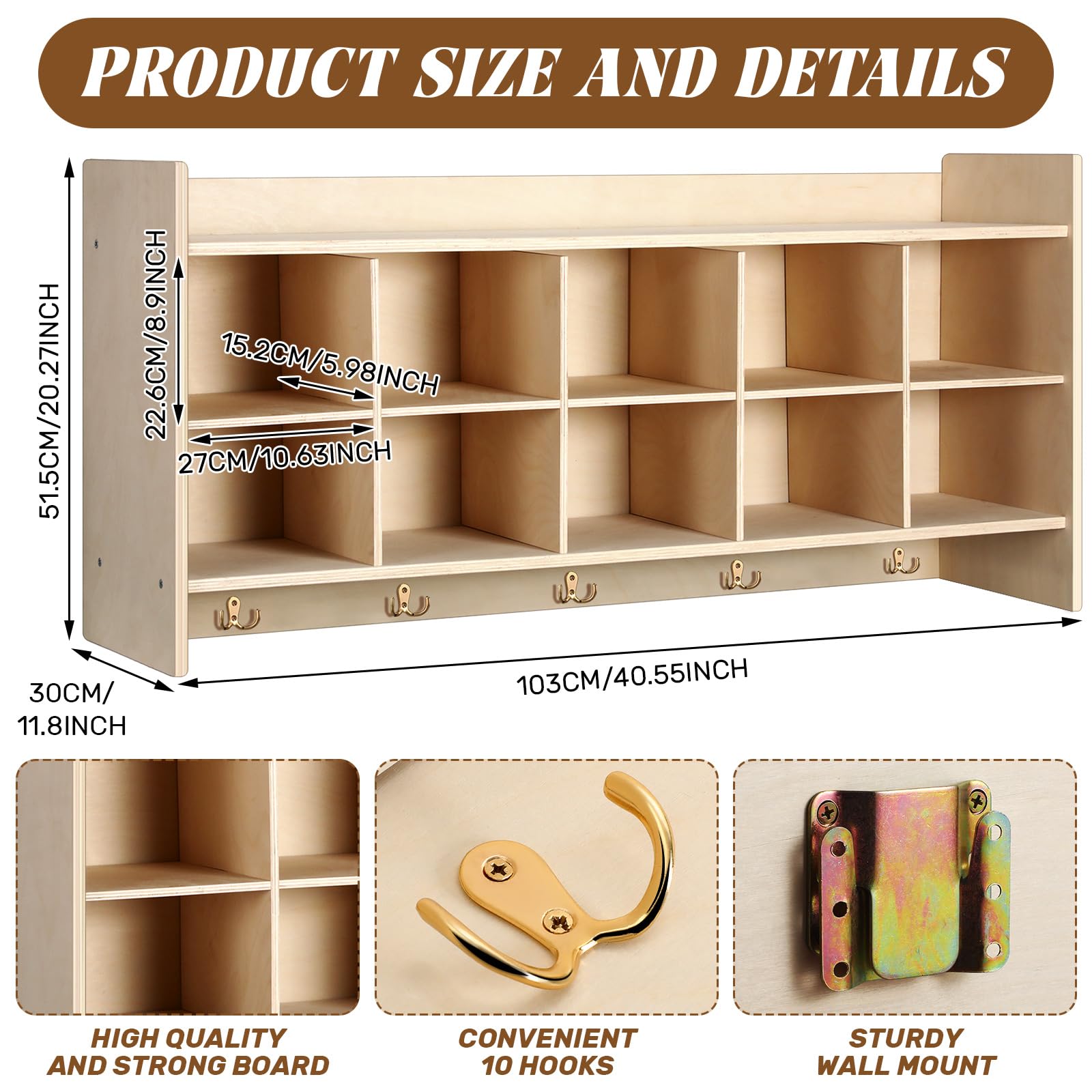 Colingmill Wall Cubbies 10 Section Hanging Cubby Storage Organizer with Coat Hooks Wooden Daycare Storage for Classroom School Kindergarten Kids Toys - Image 3