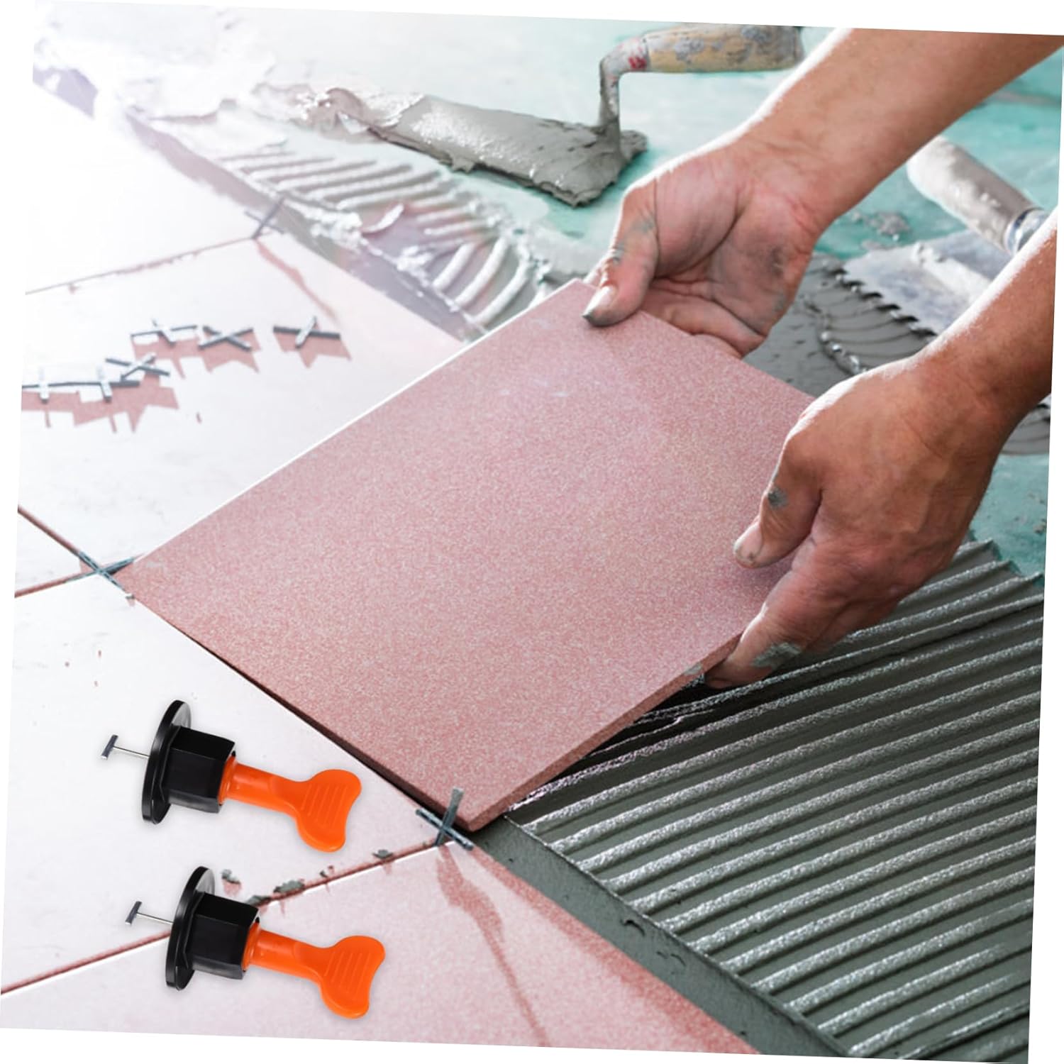 Mikikit 100pcs Reusable Tile Leveling System Spacers with Wedges Plastic Tile Locator Tool for Professional Installation Ensures Flatness and Prevents Movement during Hardening