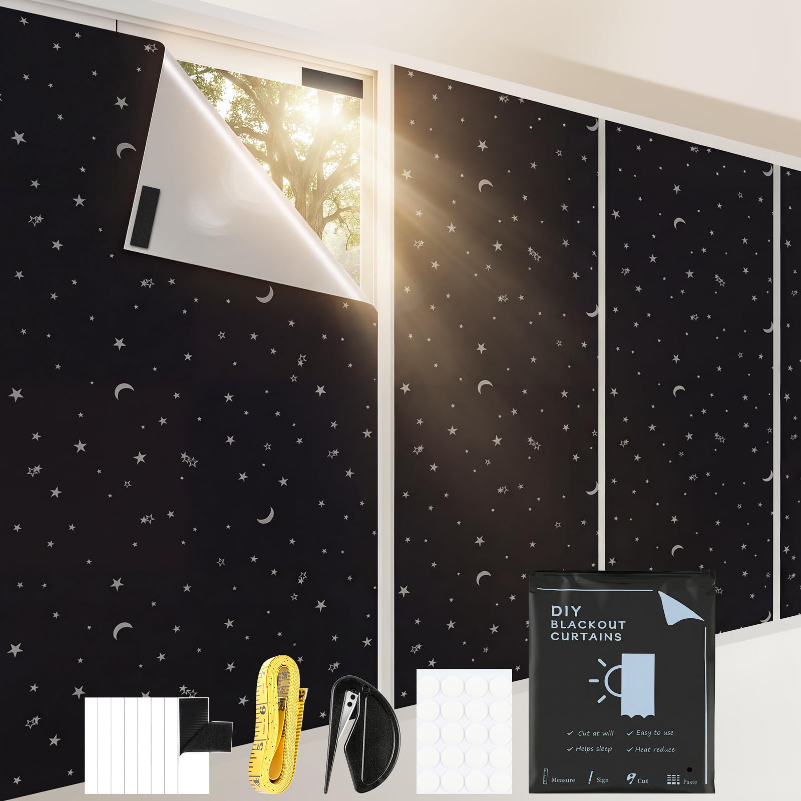 tenn well Stick on Blackout Blinds 200x145cm, Portable Total Blackout Blinds for Windows, No Drill Blinds Blackout Star Moon Design for Travel, Bedroom, Car