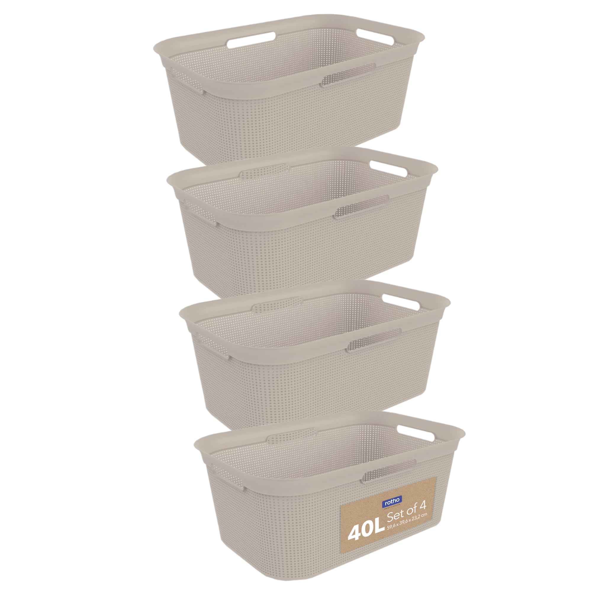 Rotho Brisen 4er-Set Wäschekorb 40l | leichter Wäschesammler mit 4 Griffen für bequemes Tragen | mit Belüftungslöchern | robust & langlebig | einfach zu reinigen & hygienisch | beige