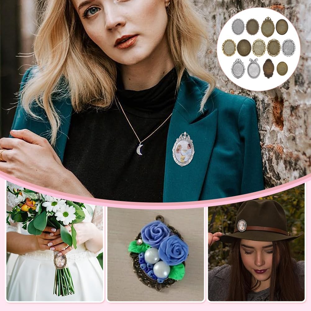 PH PandaHall 13pcs Cabochon Brooch 30x40mm Oval Blank Bezel Tray Setting with Pin Vintage Brooch Pins Bow Cabochon Frame Photo Pins Base for DIY Jewelry Making Wedding, 13 Styles - Image 5