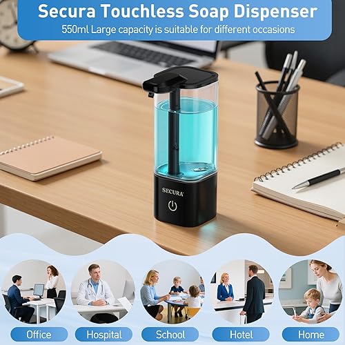Miniatura 6 de Secura Dispensador automático de jabón líquido de 18.6 onzas con control de volumen de distancia sin contacto de 3 niveles, guía de luz LED que