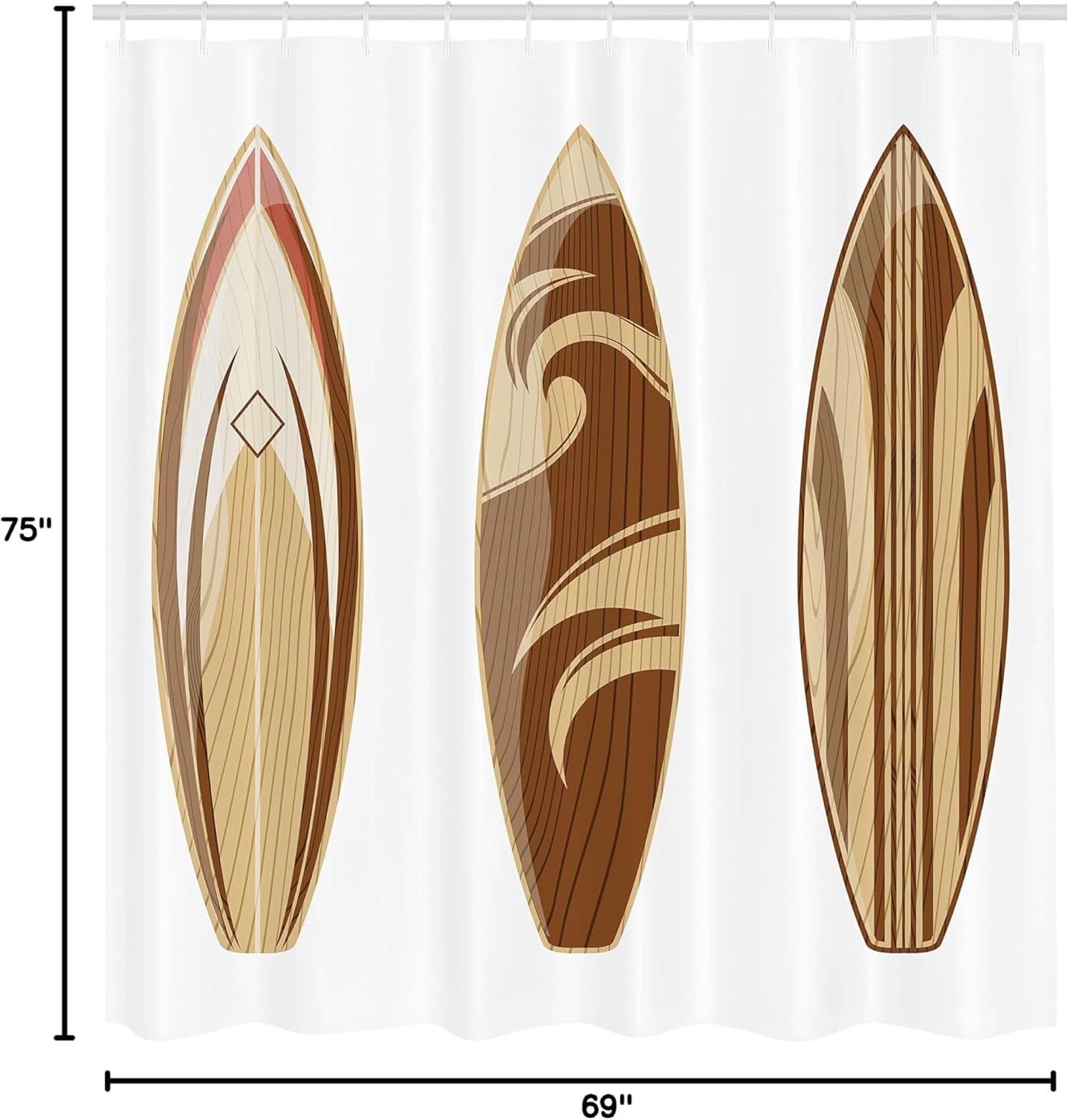 Ambesonne Surfboard Shower Curtain, Surfing Themed Adventurous Woodsy Earthy Color Natural Pattern Remote Shore Art Illustration, Cloth Fabric Bathroom Set with Hooks, 69" W x 75" L, Brown Caramel
