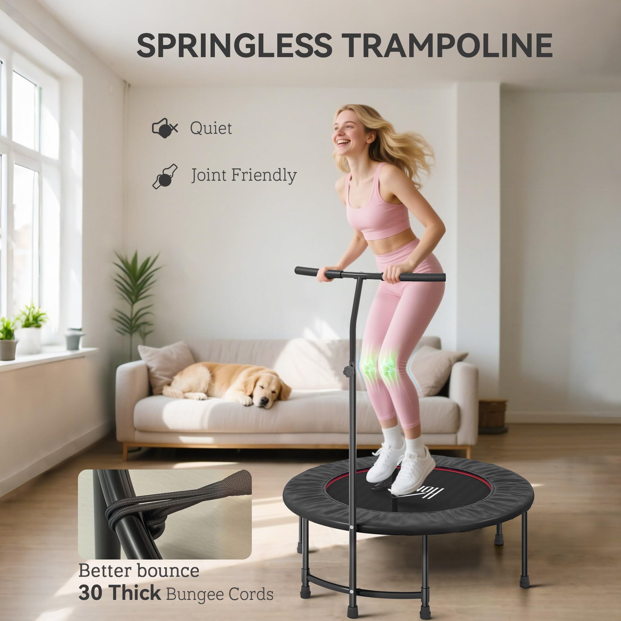 HOMCOM 40" Trampolina Fitness Rebounder z regulowanym uchwytem, czarny | Mini Trampolina, Rebounder z bungee, dla dorosłych, ćwiczenia w pomieszczeniu