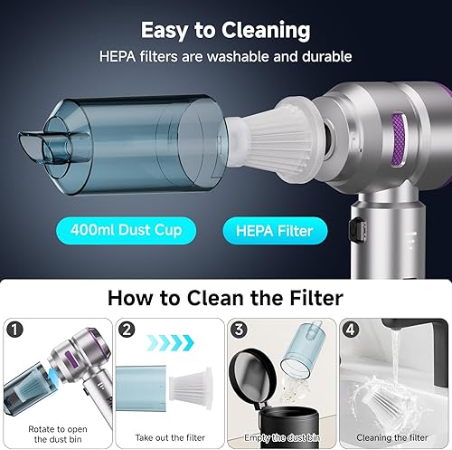 Miniatura 5 de Aspiradora de mano inalámbrica, aspiradora de automóvil con motor sin escobillas, aspiradora de succión fuerte y plumeros de aire comprimido con luz