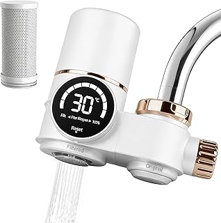 Wasserfilter für Wasserhahn mit LED-Anzeige, Wasserfilter Wasserhahn Trinkwasserfilter entfernt Chlor, Schwermetalle, UV-Sterilisation Leitungswasserfilter(mit Filter) für Küche Reisen Haustiere,Weiß