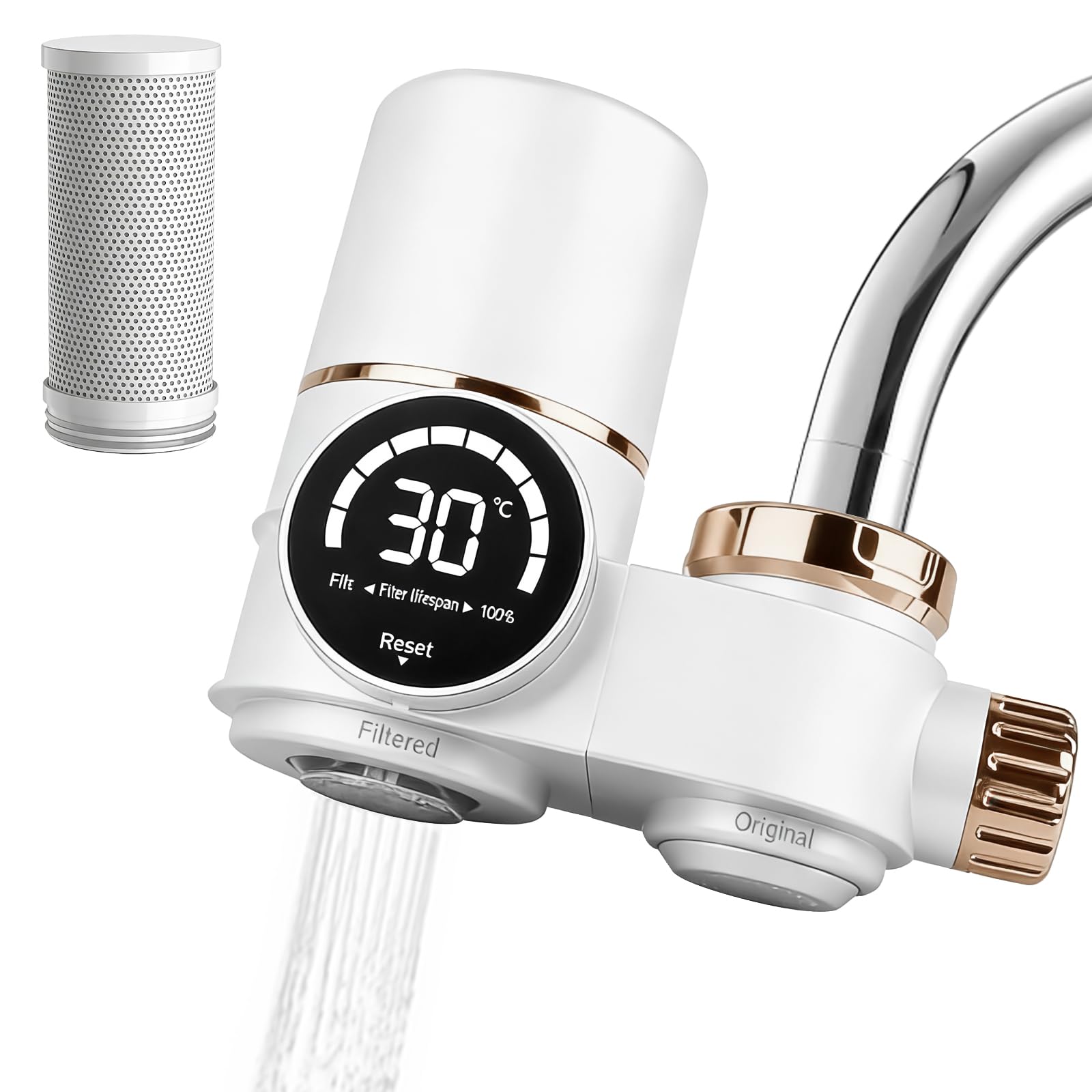 Filtre à eau pour robinet avec affichage LED - Filtre à eau potable - Élimine le chlore, les métaux lourds - Stérilisation UV - Pour la cuisine, les voyages, les animaux domestiques - Blanc