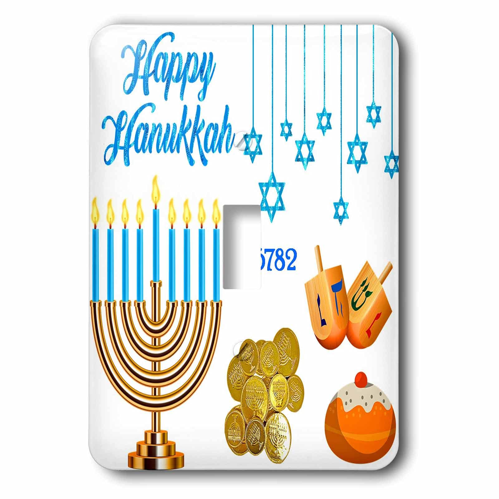 3dRose Image of Blue Happy Hanukkah With Menorah Dreidels And... - Light Switch Covers (lsp_349848_1)