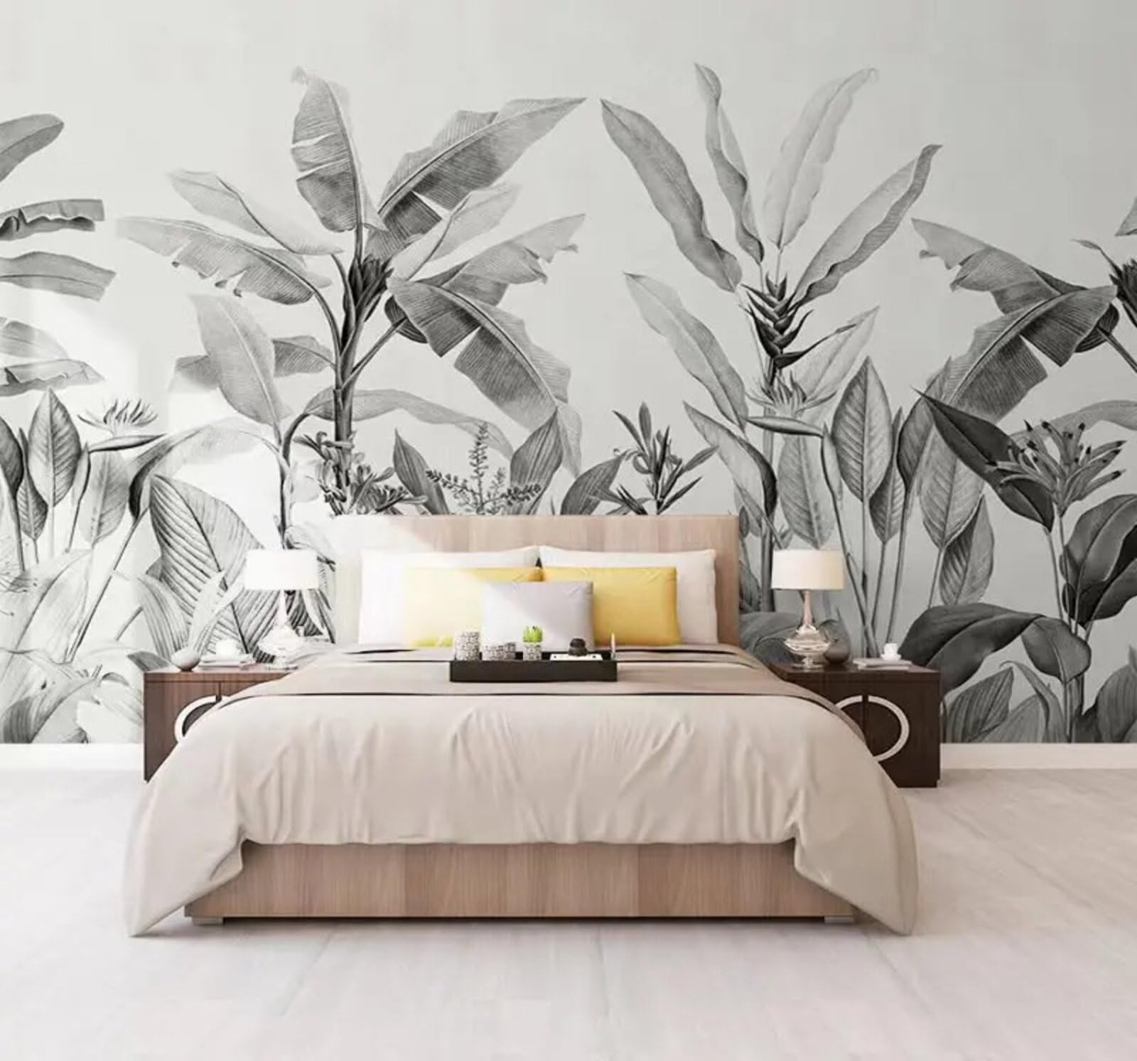 Minimalist Hand Drawn Black and White Plants Banana Leaves 3D Wallpaper Easy Install Feature Office Living Room Sofa Bedroom TV Background Wall Decoration-250cm×170cm
