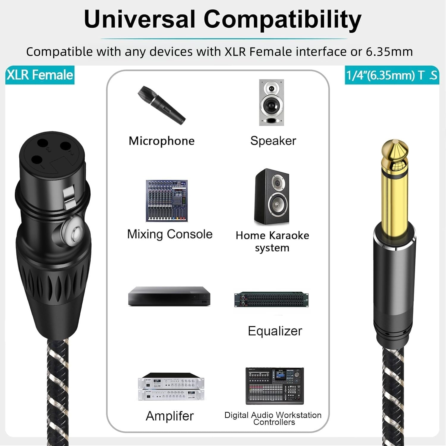 QIMIAOUS XLR to 1/4 Inch (6.35mm) TS Mono Jack Microphone Cable, 6.6FT Unbalanced 3 Pin XLR Female to Quarter inch TS Male Mic Cord for Dynamic Microphone Guitar Mixer