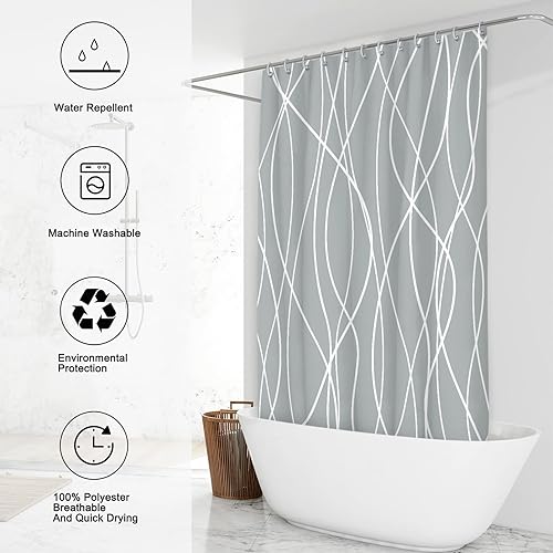Miniatura 2 de Punkray Cortina de ducha gris claro para baño con ganchos, juego de cortinas de ducha a rayas, cortinas de baño decorativas blancas con dobladillo